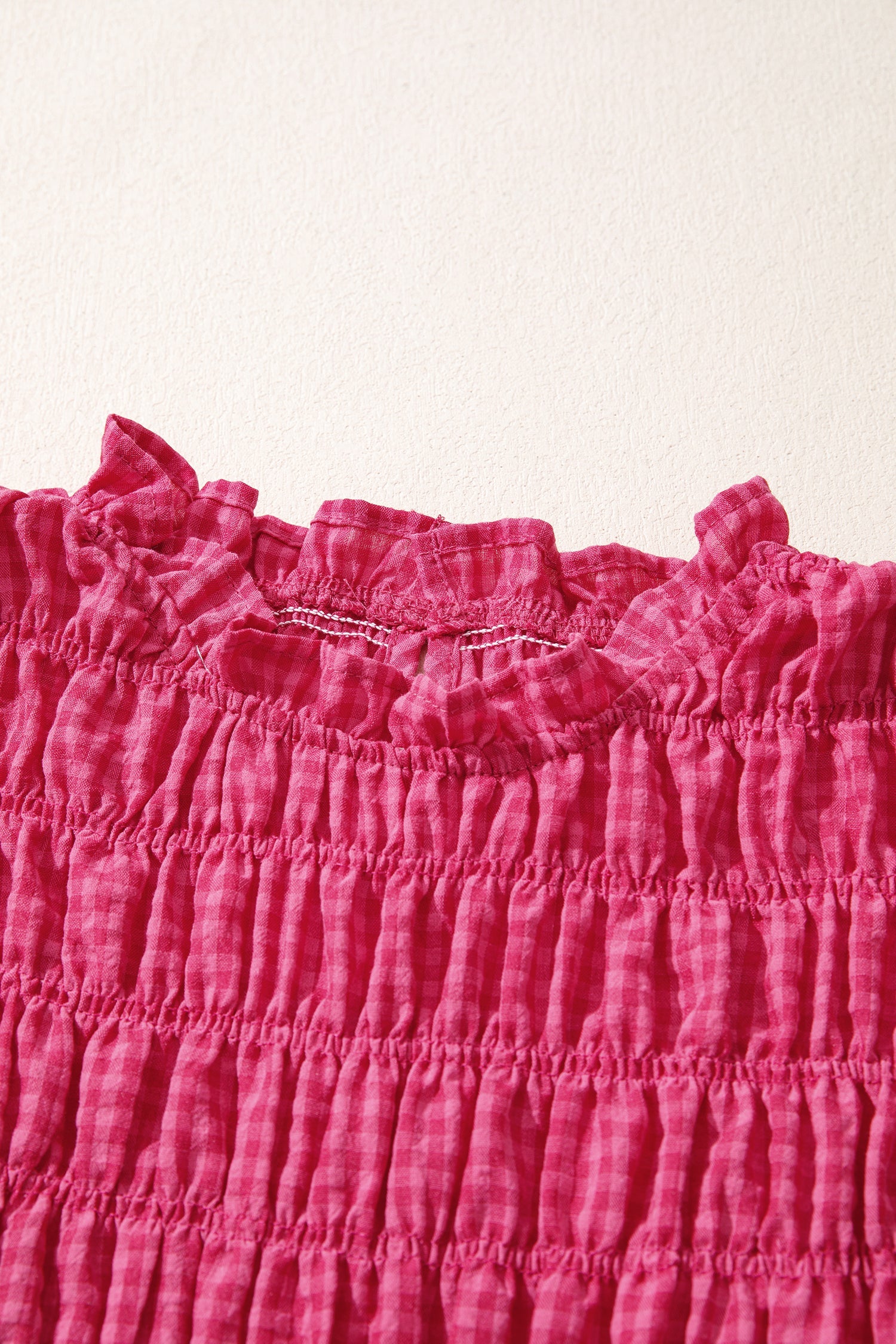 Gingham Plaid Shirred Ruffle Trim Tank Top