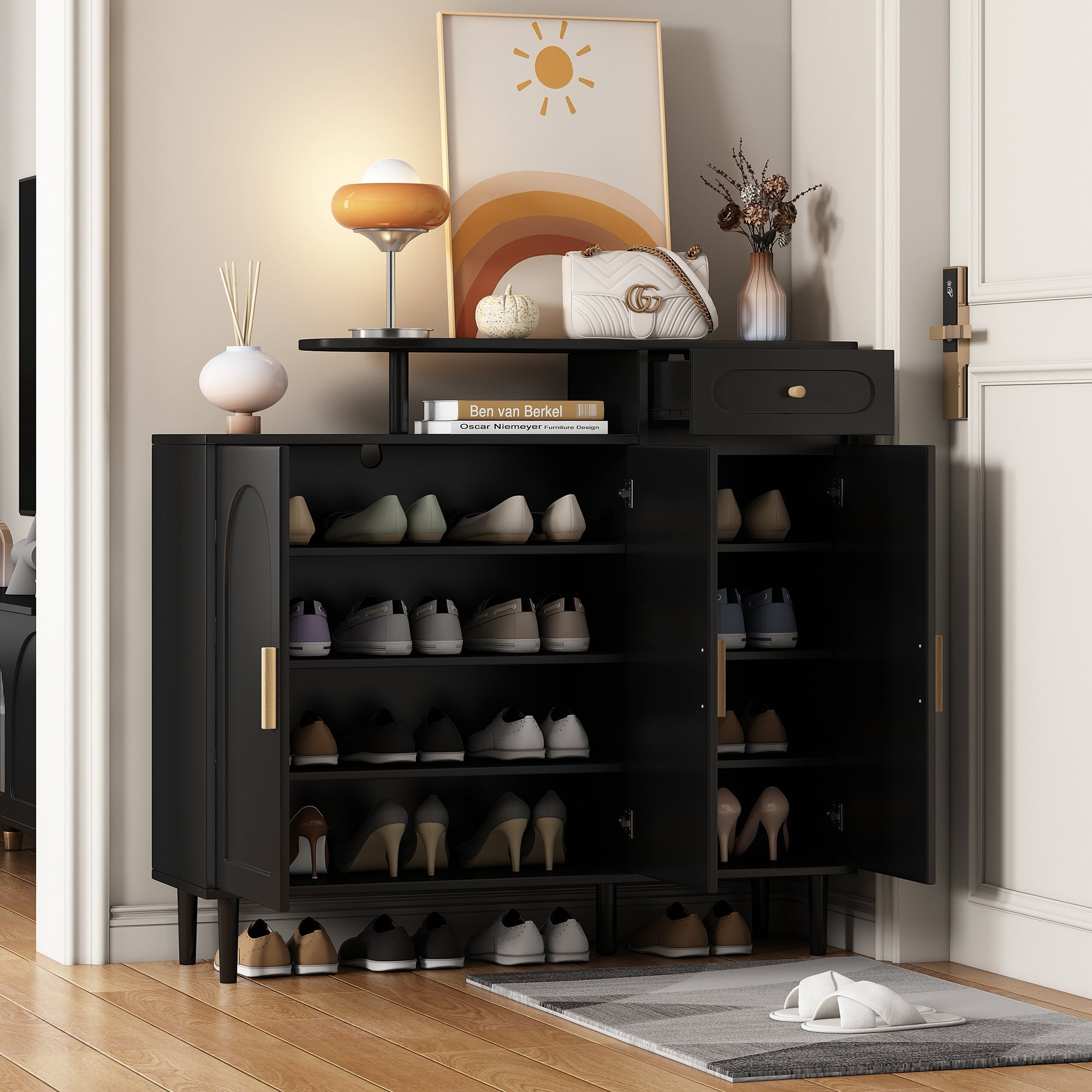 ON-TREND Elegant Shoe Cabinet with Arched Doors and Drawer, Cream Style Storage Sideboard with Adjustable Shelves and Solid Wood Legs for Entryway, Living Room, Black
