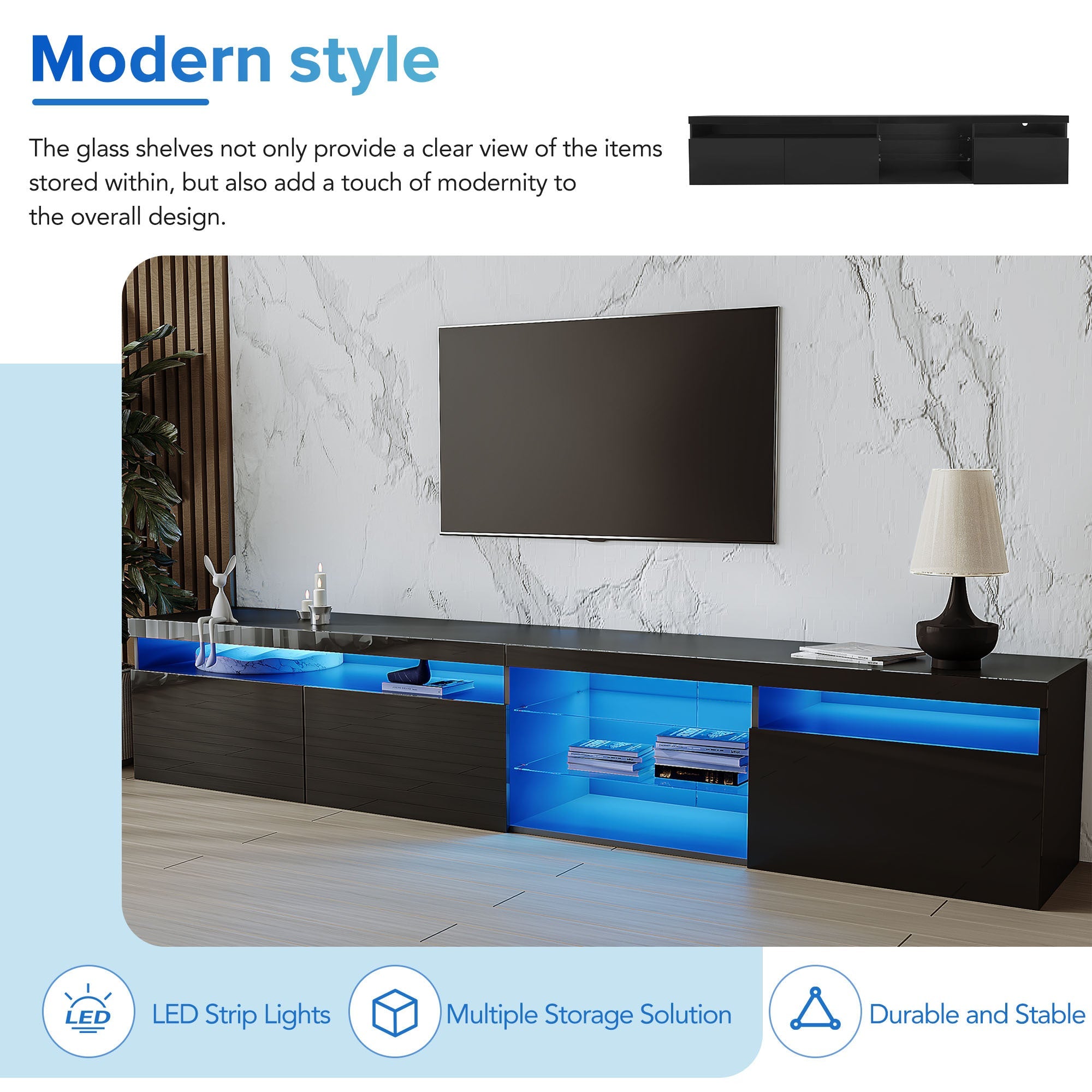 ON-TREND Unique Design TV Stand with 2 Glass Shelves, Ample Storage Space Media Console for TVs Up to 105', Versatile TV Cabinet with LED Color Changing Lights for Living Room, Black