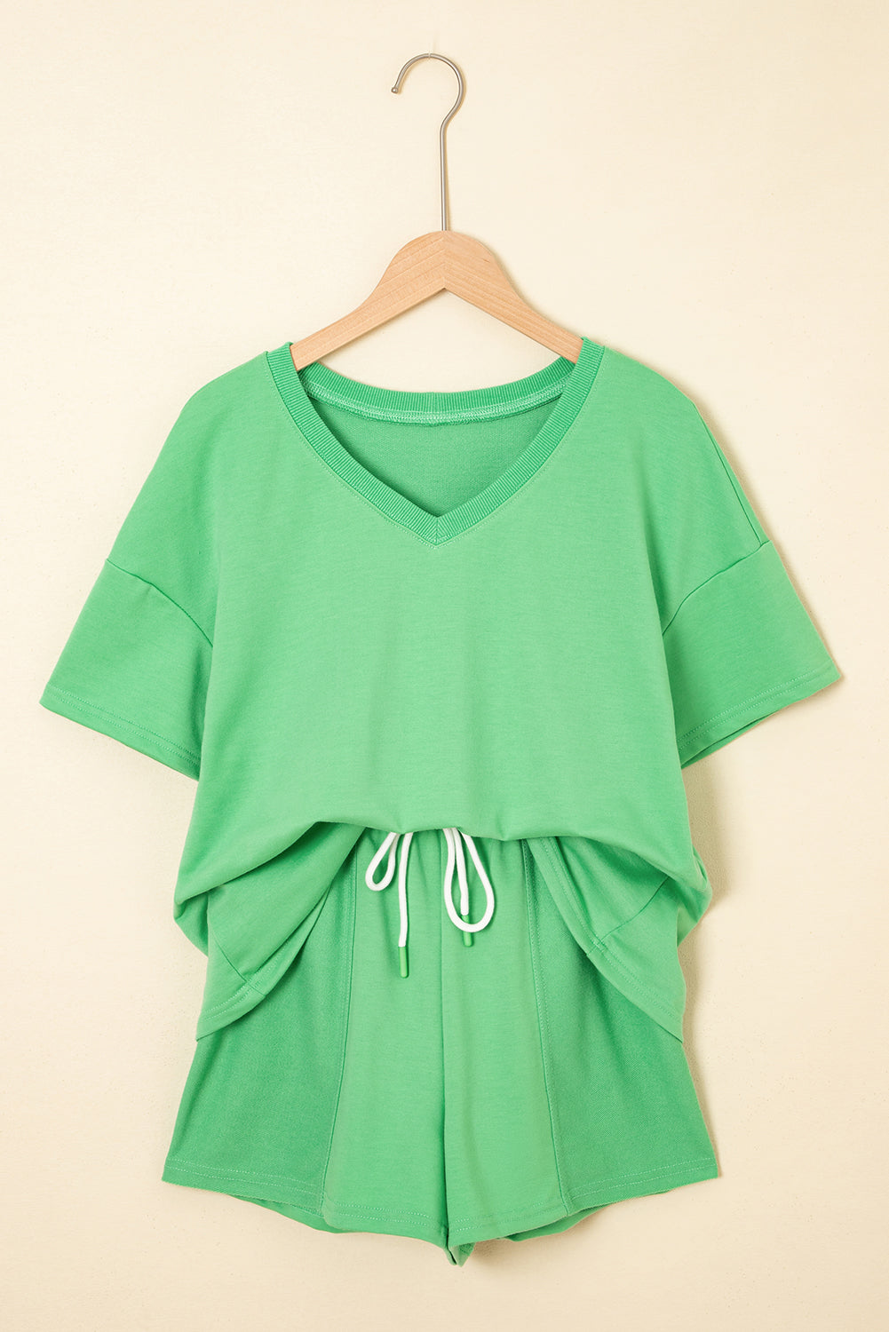 Women's V-neck Drop Shoulder Tee and Drawstring Shorts Set