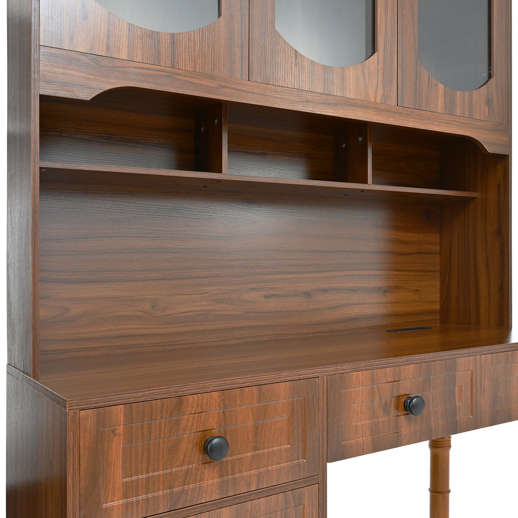 47'' Retro Desk with Charging Ports and Hutch Cabinet, Office Desk with 5 Storage Drawers and Transparent Glass-Door Bookshelf, Executive Computer Desk for Home Office, Bedroom, Walnut