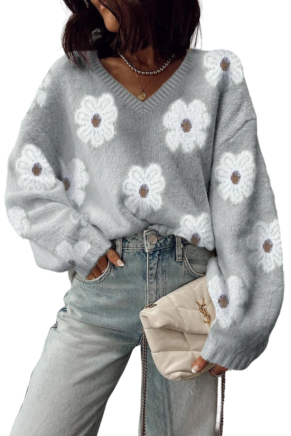 Floral V-Neck Drop Shoulder Baggy Sweater