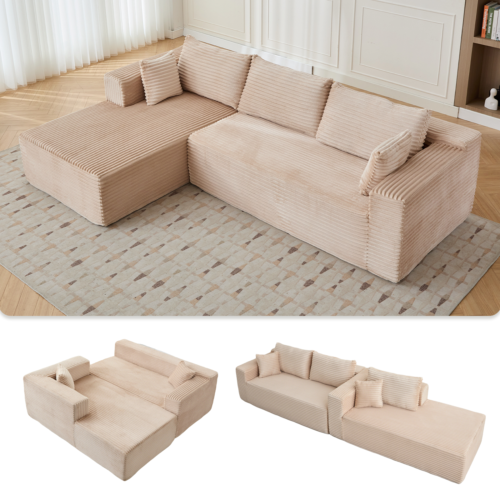 Compression Sectional Couch with Comfy Chaise, Boneless L Shape Sofa with Deep Seat, Minimalist Modular Couches Sleeper for Living Room Bedroom Apartment Lounge,corduroy,Beige