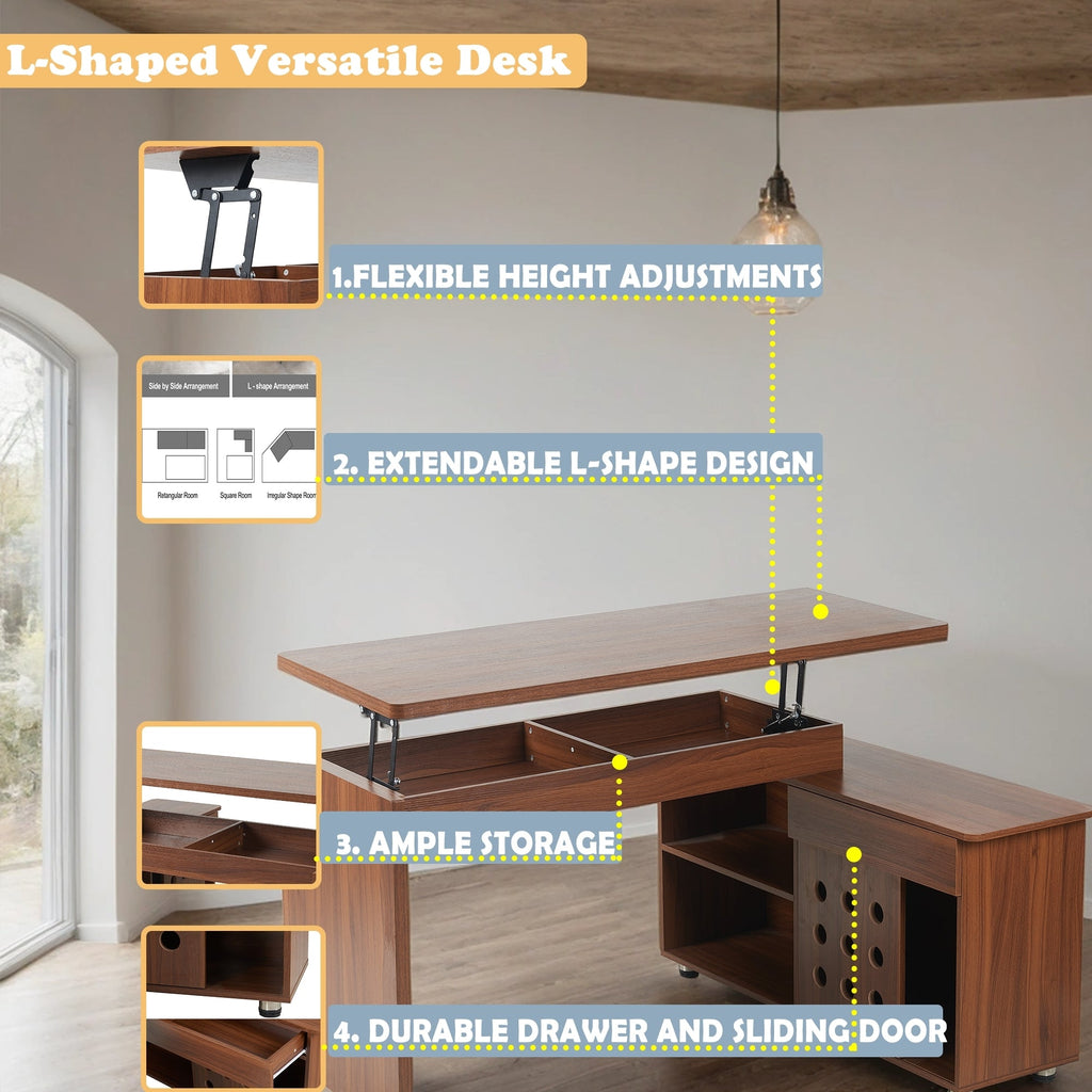 55.1''L, Walnut Home Office L-Shaped Executive Desk , Height Adjustable Desk with Storage Drawers and Cabinet