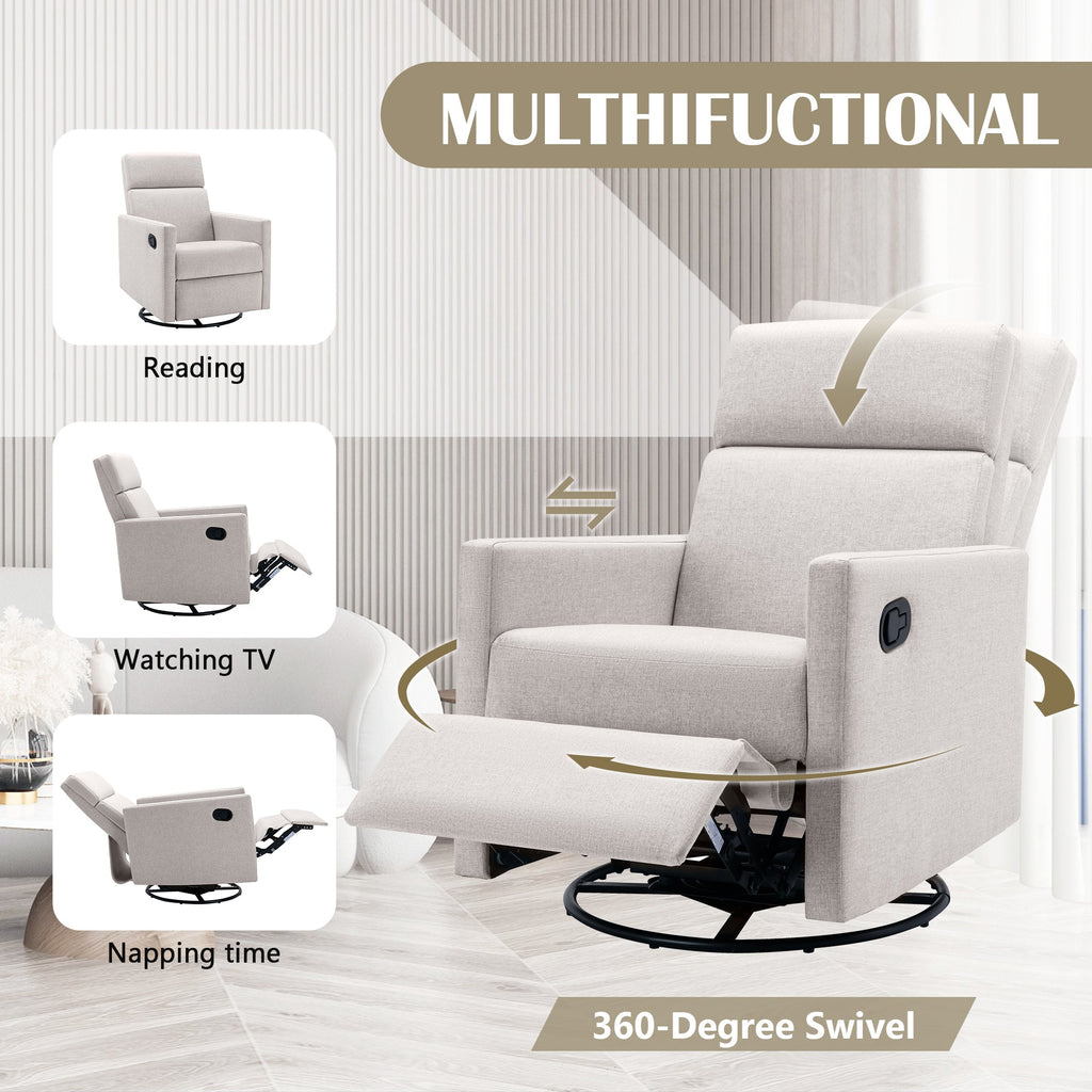 Modern Upholstered Rocker Nursery Chair with Plush Seating, Tan Linen, Swivel Recliner