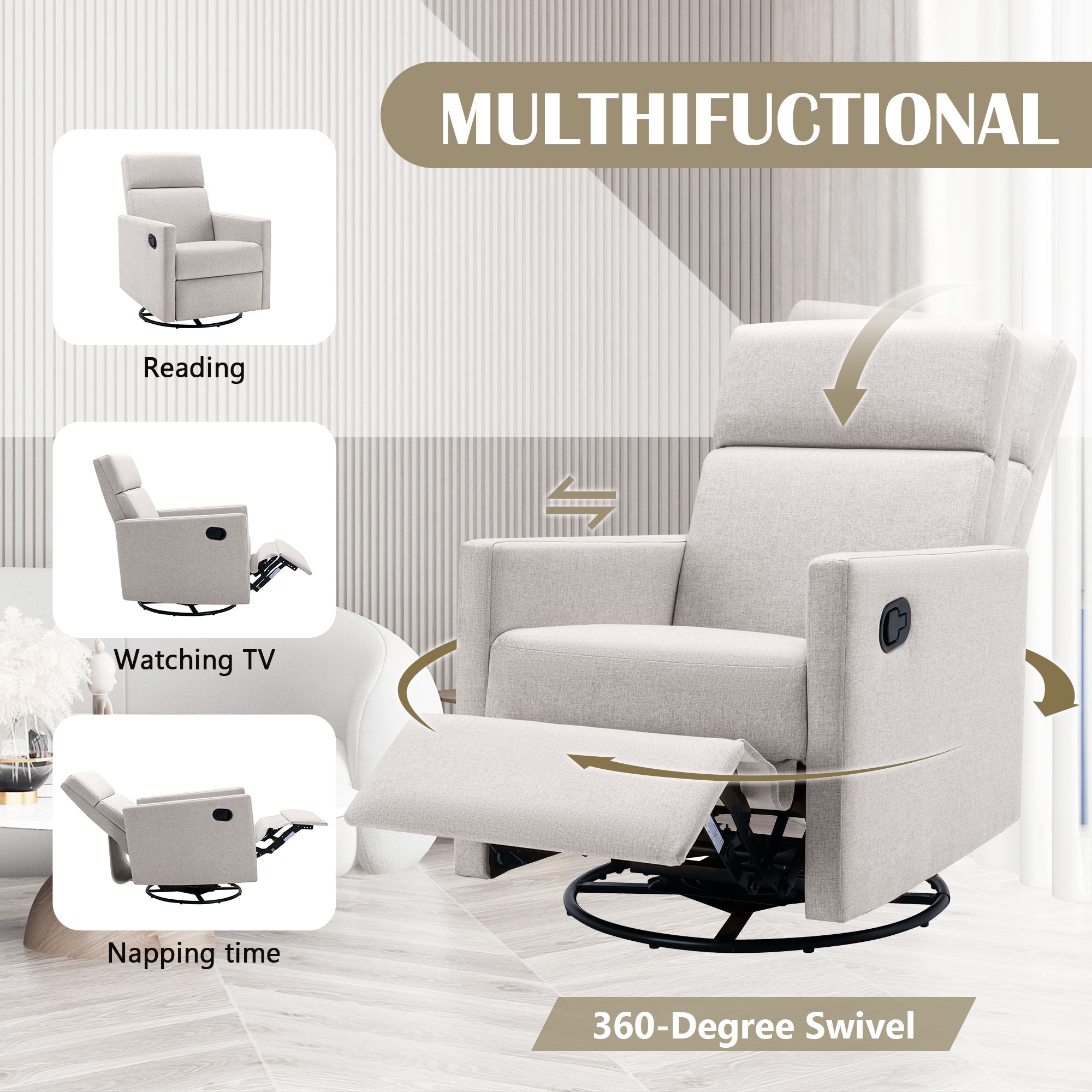 Modern Upholstered Rocker Nursery Chair with Plush Seating, Tan Linen, Swivel Recliner