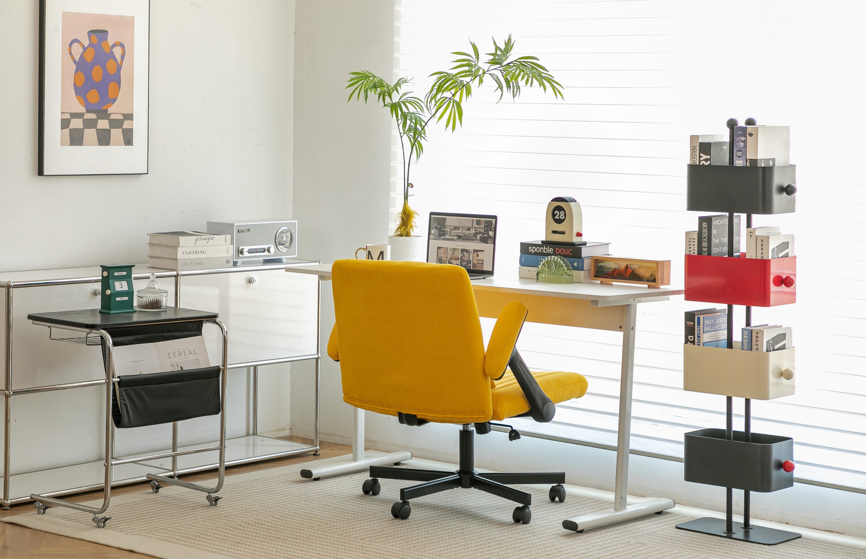 Yellow Linen Criss Cross Armrest Office Chair with Wheels - Ergonomic for Home Office, Work & Study