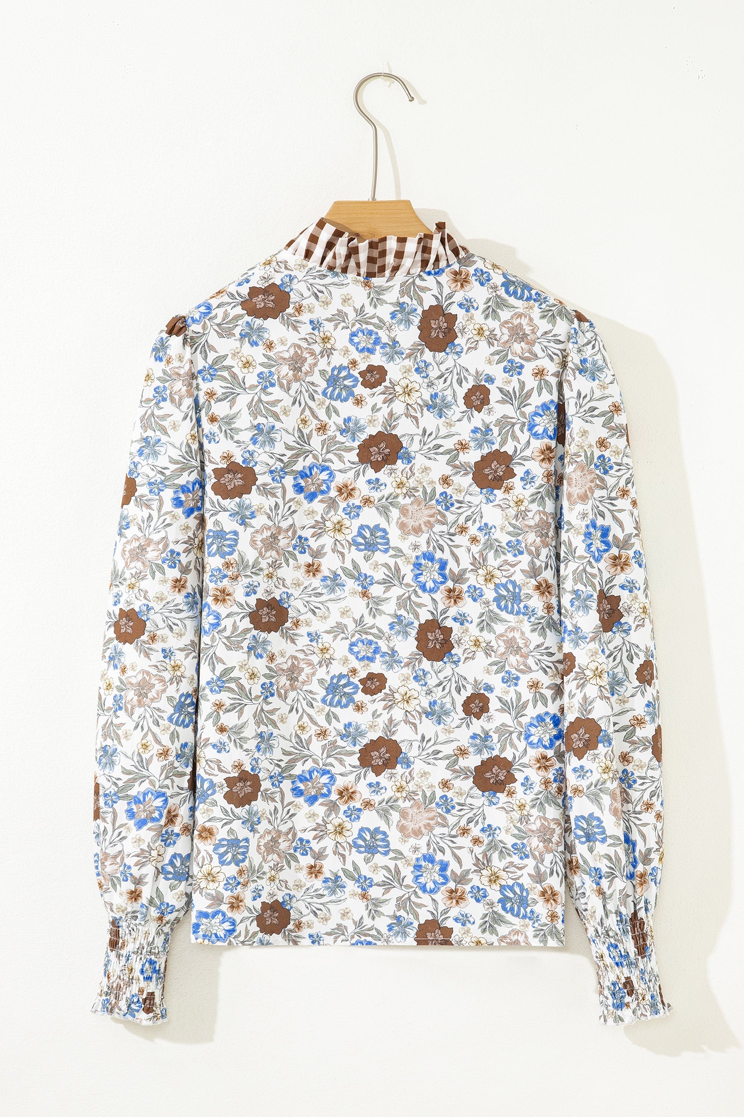 Floral Plaid Frilled Trim Long Sleeve Blouse