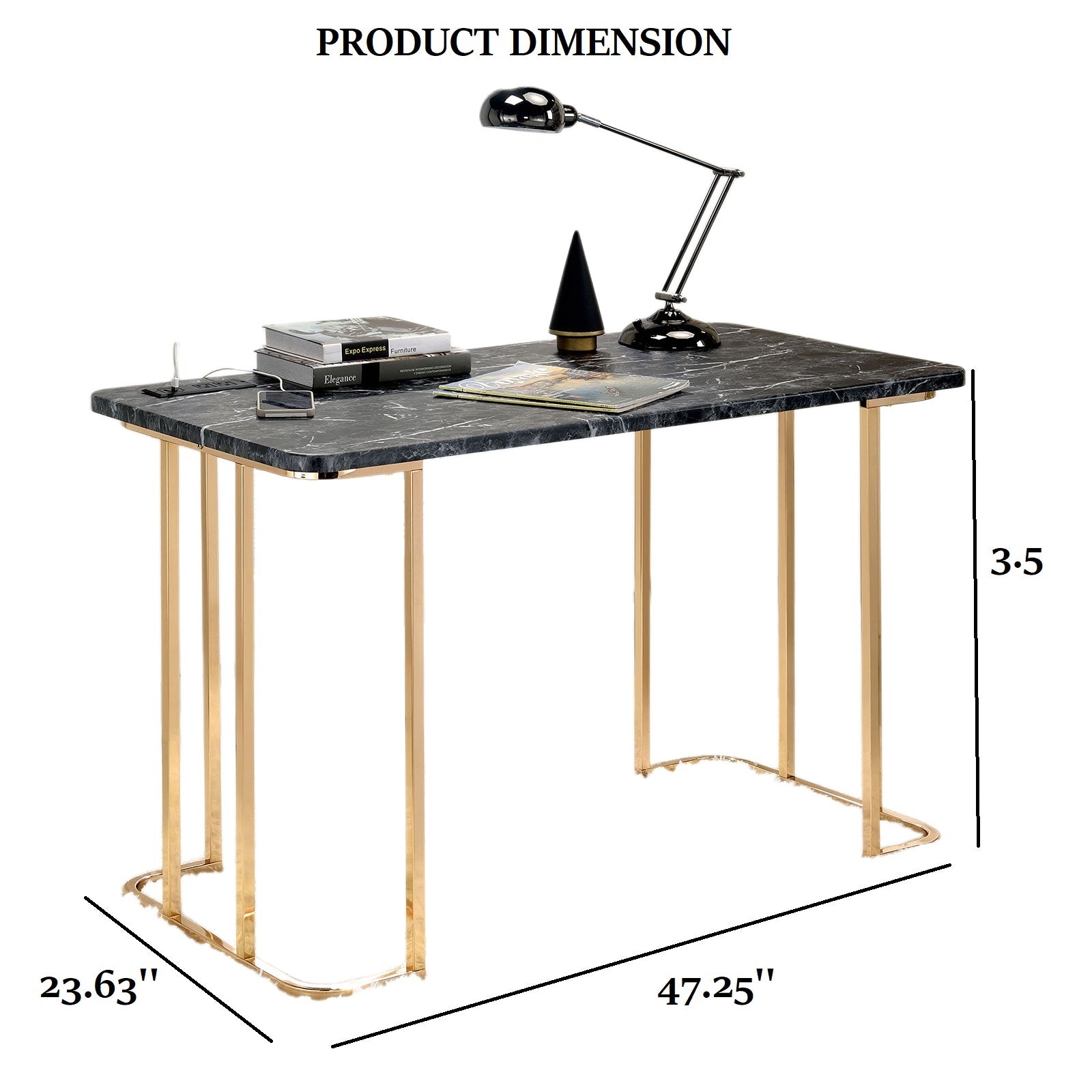Contemporary Desk With Faux Marble On Top USB & Power Outlet, Gold/Black