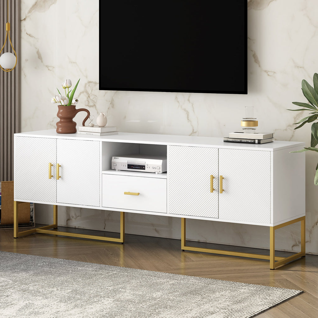 U-Can Modern TV Stand for TV up to 70 Inches,TV Cabinet with 1 Drawer, 2 Cabinets and Metal Legs, Handles and Anti-tip Device for Living room