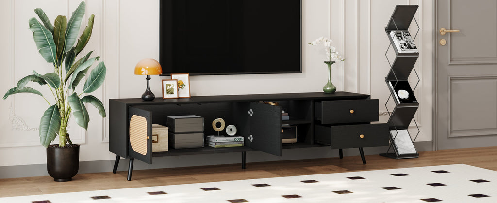 70' TV Stand for TVs up to 80 Inches, Mid Century Modern Entertainment Center with Rattan Doors, 2 Drawers, and Open Shelf, Television Stand for Living Room