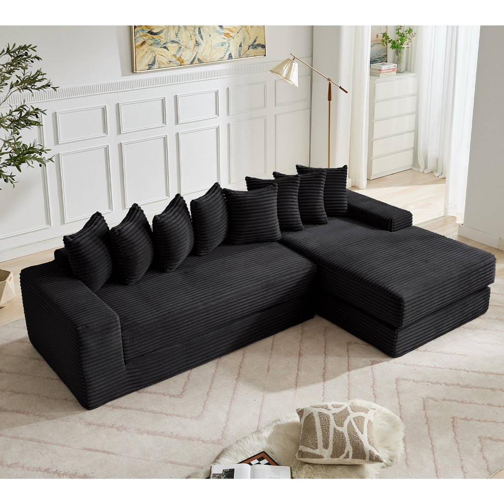 [NEW ARRIVED] [VIDEO PROVIDED] Oversize Cloud Sectional Couch, L-Shape Sofa, Convertible Floor Sleeper Sofa Bed, No Assembly,Eight pillows,3-in-1,Magazine bag,(Right Facing Sofa),3 Seat,Corduroy,Black