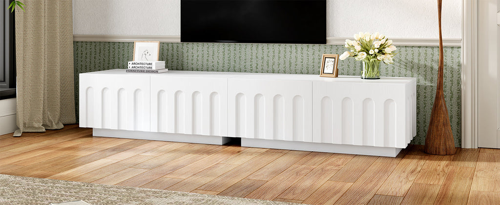 ON-TREND Elegant TV Stand with Arched Design for TVs Up to 80', Modern Dual Purpose Coffee Table with 4 Drawers, Multi-Functional Organizer Cabinet with Storage for Living Room, Bedroom, White