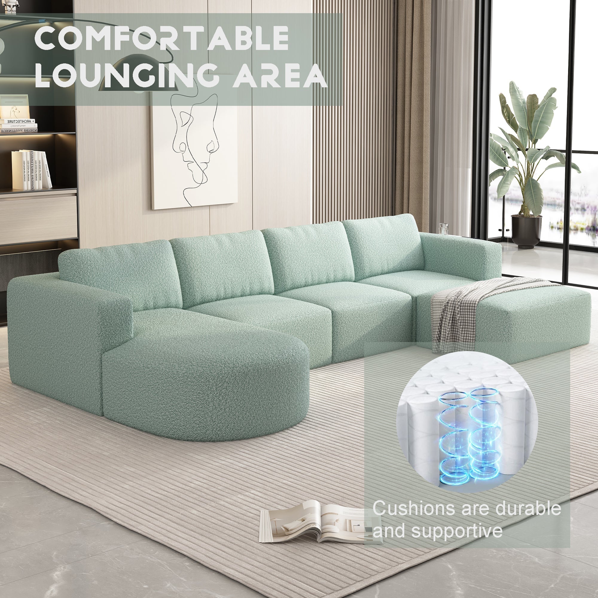 104.32*70.86 Modular Sectional Sofa Sleeper Couch, Sectional Sofa with Chaise and Ottoman, Convertible U Shaped Modular Sofa Set. Compressed spon, Light Green (Combo A+B+C+D)
