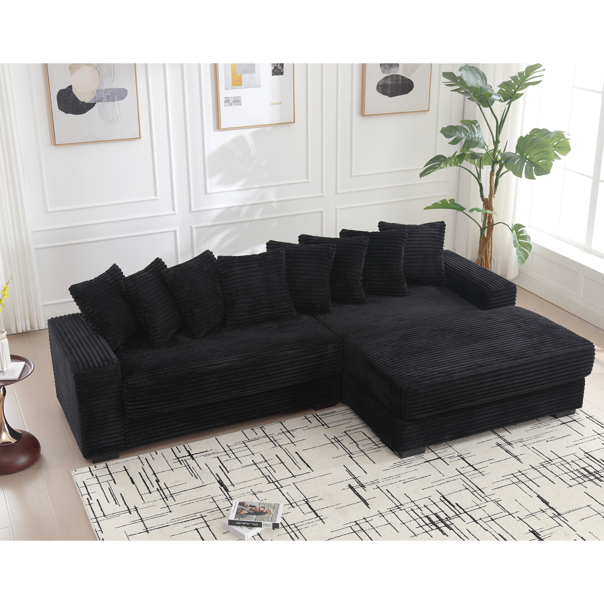 [NEW ARRIVED] [VIDEO PROVIDED] Oversized Two-Piece  Couches,  L Shaped Sofa, Corduroy, Right Chaise Daybed,with Armrests,Eight Throw Pillows,Corner Sofa,Easy To Assemble,  Black