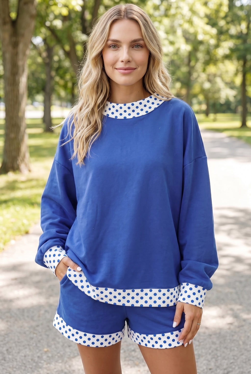 Polka Dot Contrast Trim Sweatshirt & Shorts Set