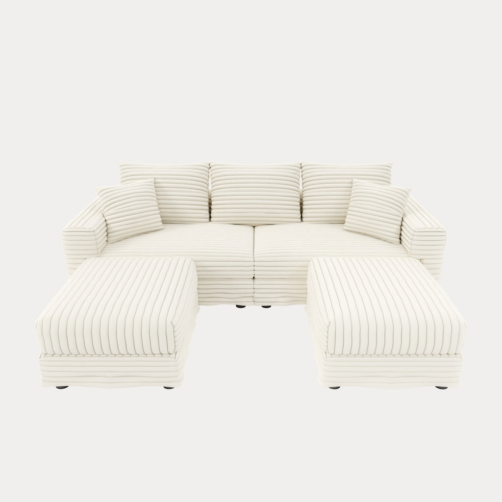 82.7 ' Plush Corduroy 3-Seat Sofa, Modern Comfy Upholstered Sofa Cloud Couch, Deep Seat Couches with Soft Pillows and 2 Ottomans, Convertible Sofa Lounge Chair, for Living Room,Apartment,Office,Beige