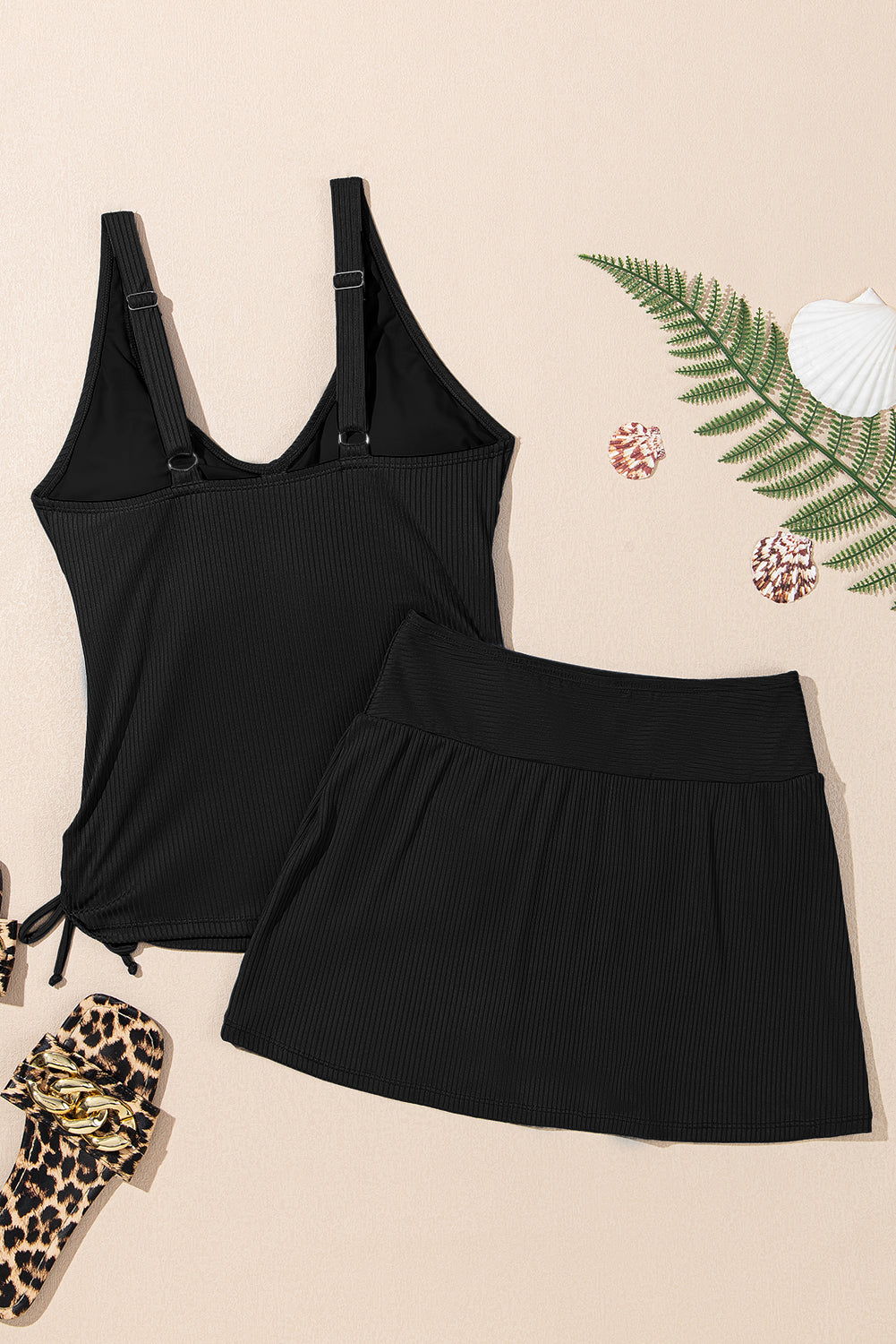 Solid Ribbed Knit Tankini & Skort Swim Set