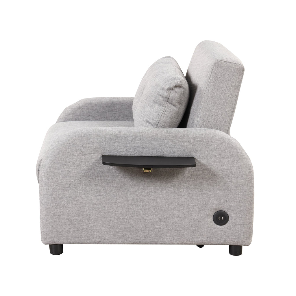 3-in-1 Pull Out Sofa Sleeper with Wing Table and USB Charge, Gray Linen, Iron Frame, 36.2-71.7'D x 42.9'W x 35.8'H