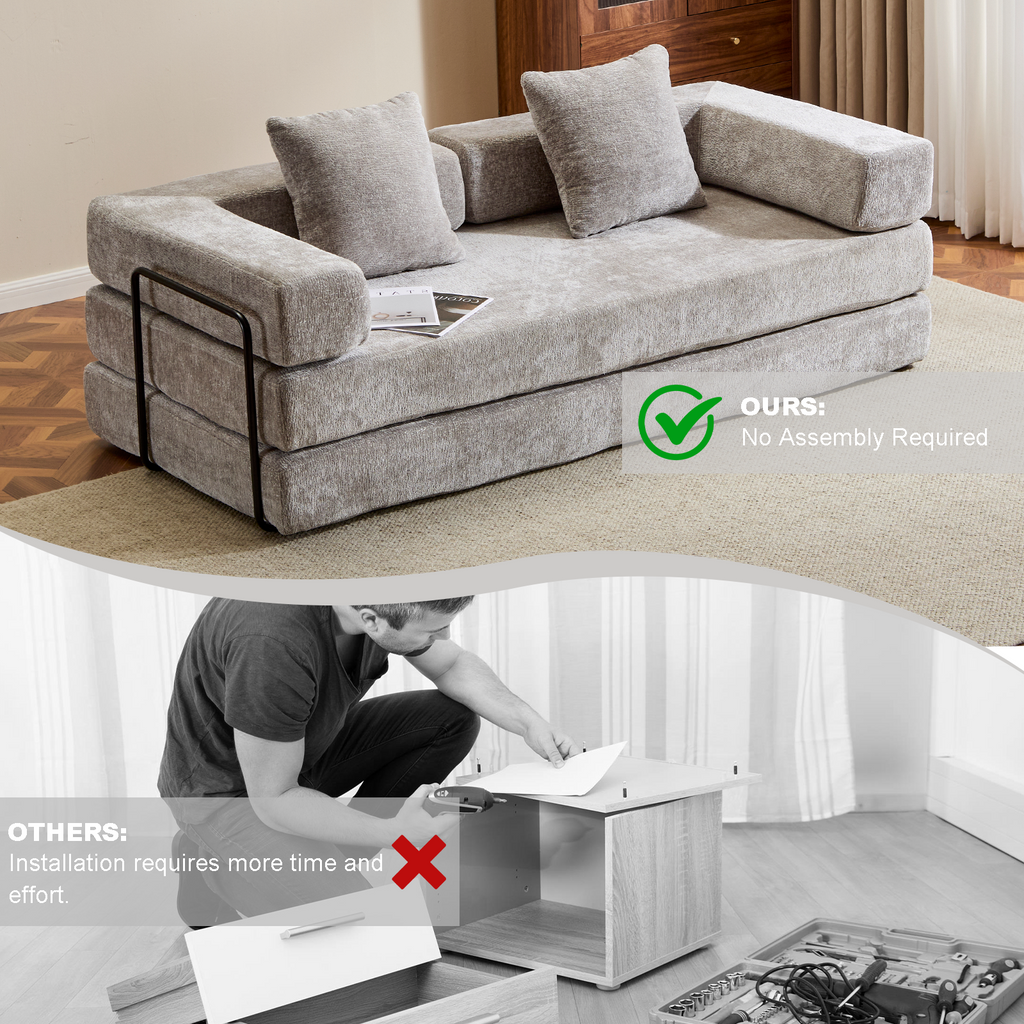 Floor Couch,Compression Sofa,Convertible Floor Sofa Bed-with Pillow Back Support Armrest,Comfy Futon Couch Lounge Sleeper Bed,Chenille fabric,for Living Room Bedroom (LIGHT-GREY)