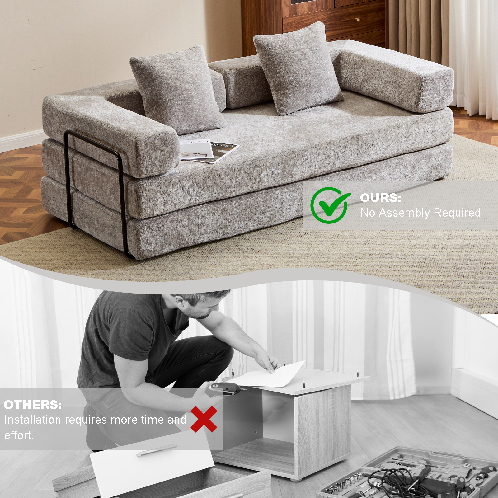 Floor Couch,Compression Sofa,Convertible Floor Sofa Bed-with Pillow Back Support Armrest,Comfy Futon Couch Lounge Sleeper Bed,Chenille fabric,for Living Room Bedroom (LIGHT-GREY)