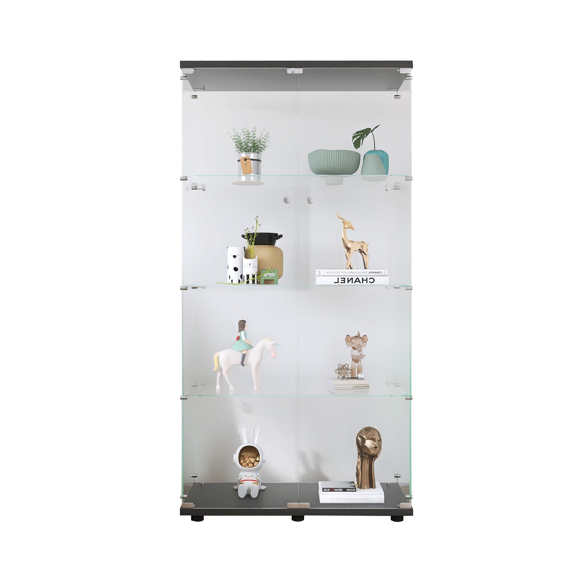 Two-door Glass Display Cabinet 4 Shelves with Door, Floor Standing Curio Bookshelf for Living Room Bedroom Office,  64.7'*31.7'*14.3',Black