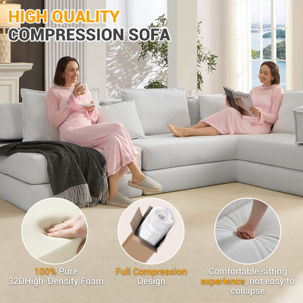 Oversized Upholstered Sectional Sofa Couch Set, Modular 118.2 ' L Shaped Floor Living Room Sofa Set With 6 Pillows, DIY Combination Sofa Couch for living rooms, apartments,bedrooms, White