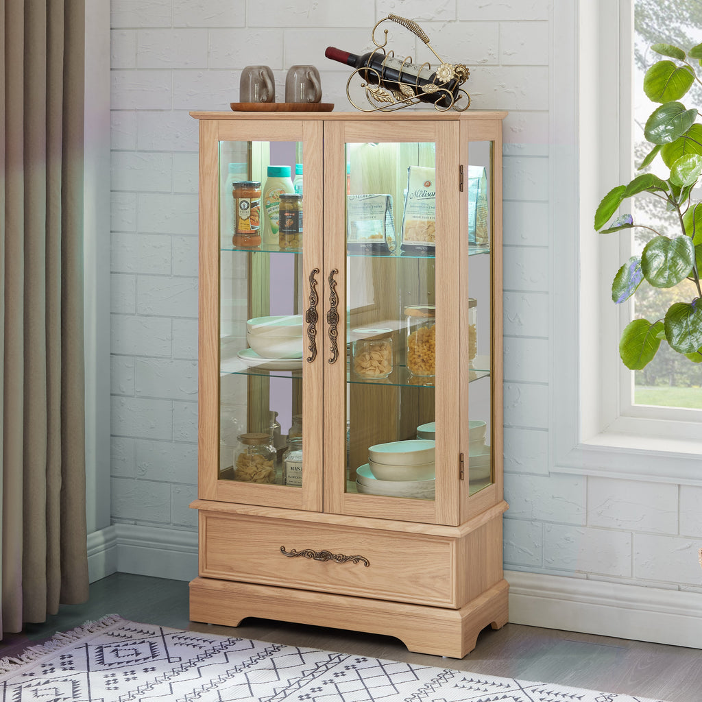 Lighted Glass Curio Display Cabinet with Adjustable Shelves - 2 Doors, 1 Drawer, LED Lights, Elegant Light Oak Finish