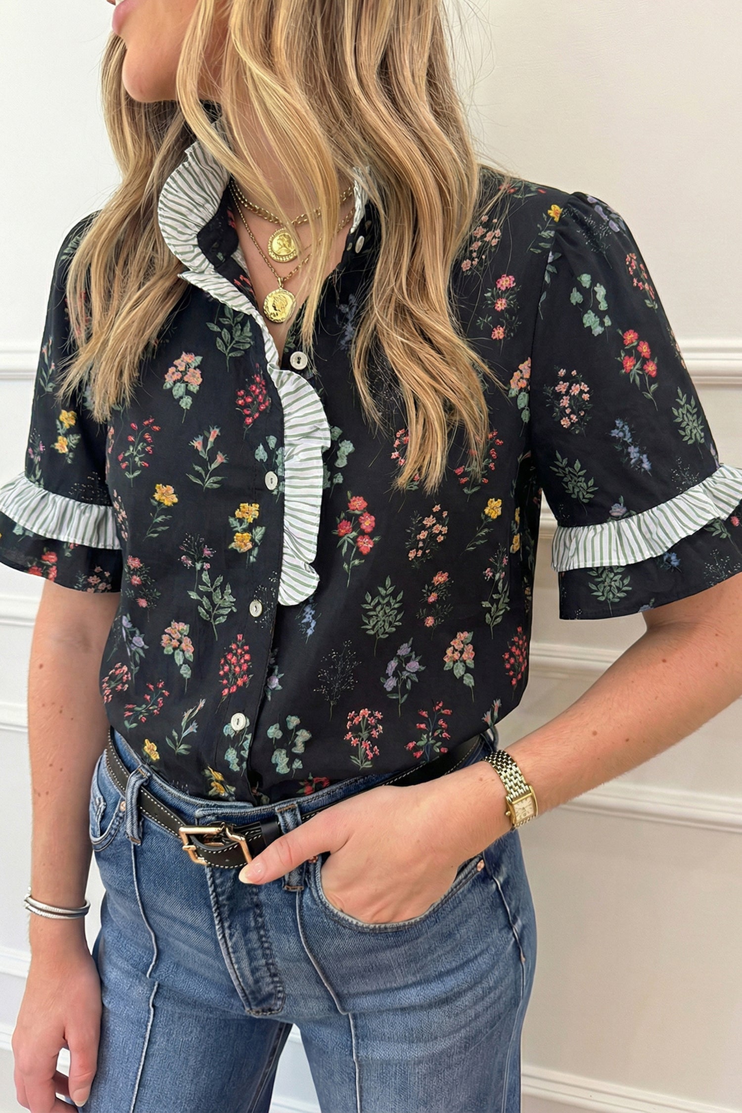 Floral Contrast Frill Trim Short Sleeve Shirt