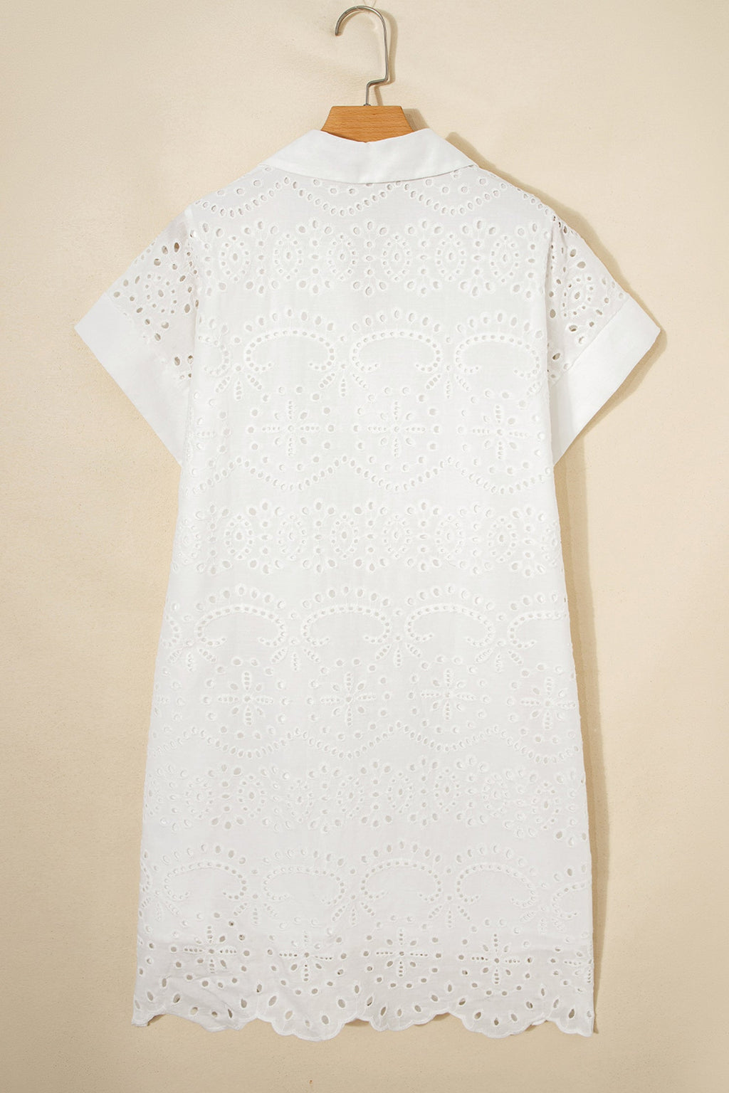 Solid Embroidered Eyelet Collared V-Neck Mini Dress