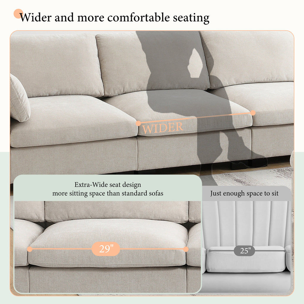 [VIDEO]130' Modular Sectional Sofa, L-Shape with Folding Table and Dual-Port Charging, Side Storage Pockets, 2 Armrest Pillows, Free Movement Ottoman, High Density Foam, Chenille, 5 Seat, 2 Colors