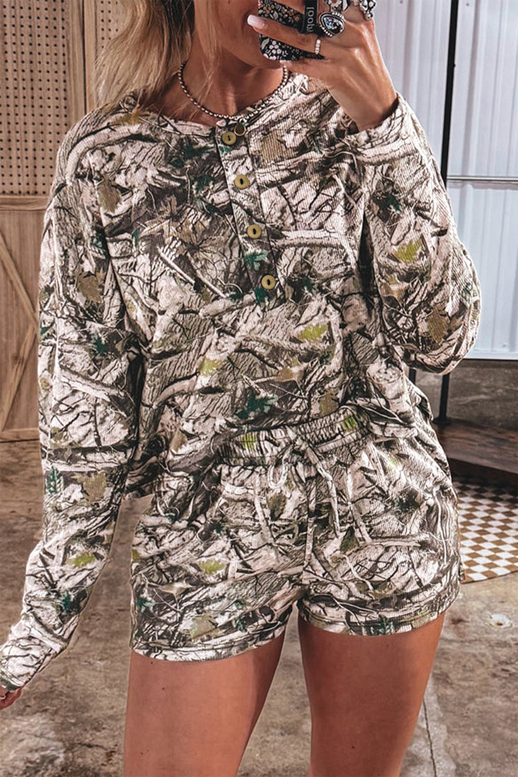 Camo Long Sleeve Top & Elastic Waist Shorts Set