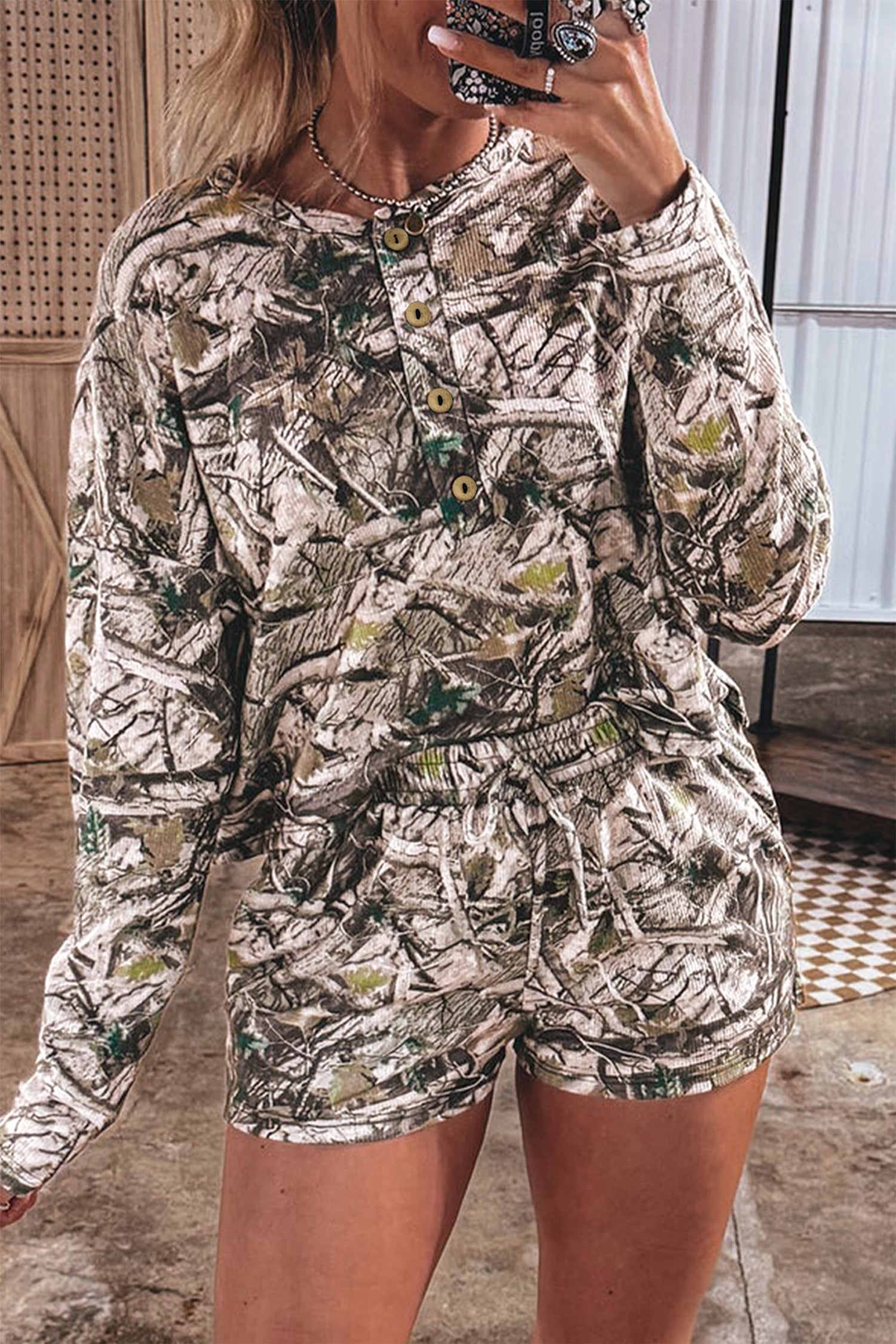 Camo Long Sleeve Top & Elastic Waist Shorts Set
