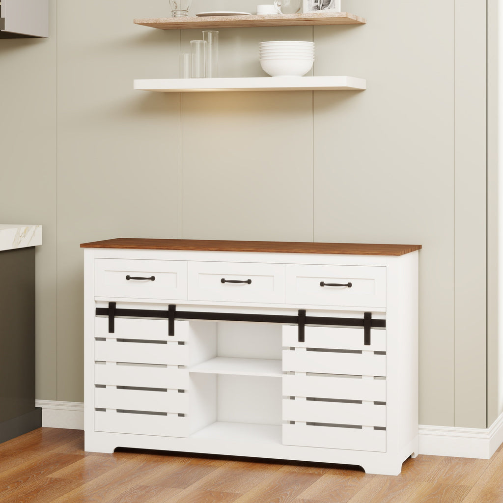 53' Farmhouse Sideboard Buffet Storage Cabinet with 3 Drawers, 2 Sliding Barn Doors, 2 Adjustable Shelves, Coffee Bar Cabinet for Kitchen, Living Room, Dining Room-White