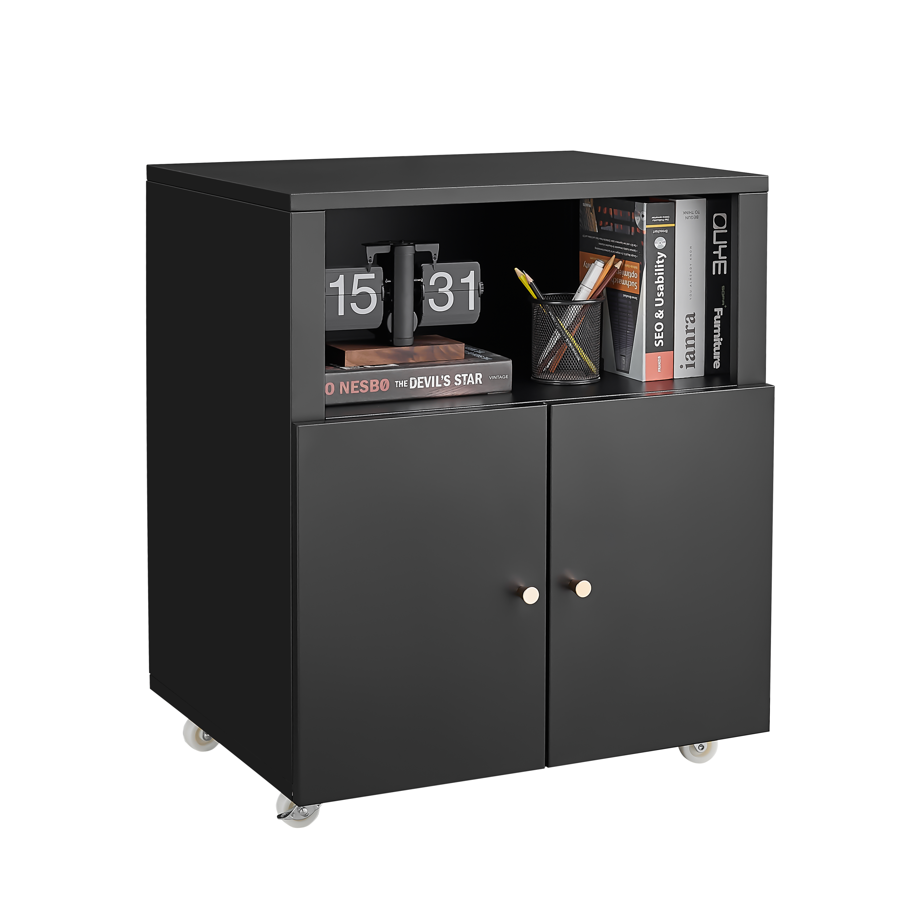 Home Office Printer Stand with Wheels, Printer Tables with File door  Mobile Lateral Filing Cabinet with Open Storage Shelf for Letter/Legal/A4 Size Files,