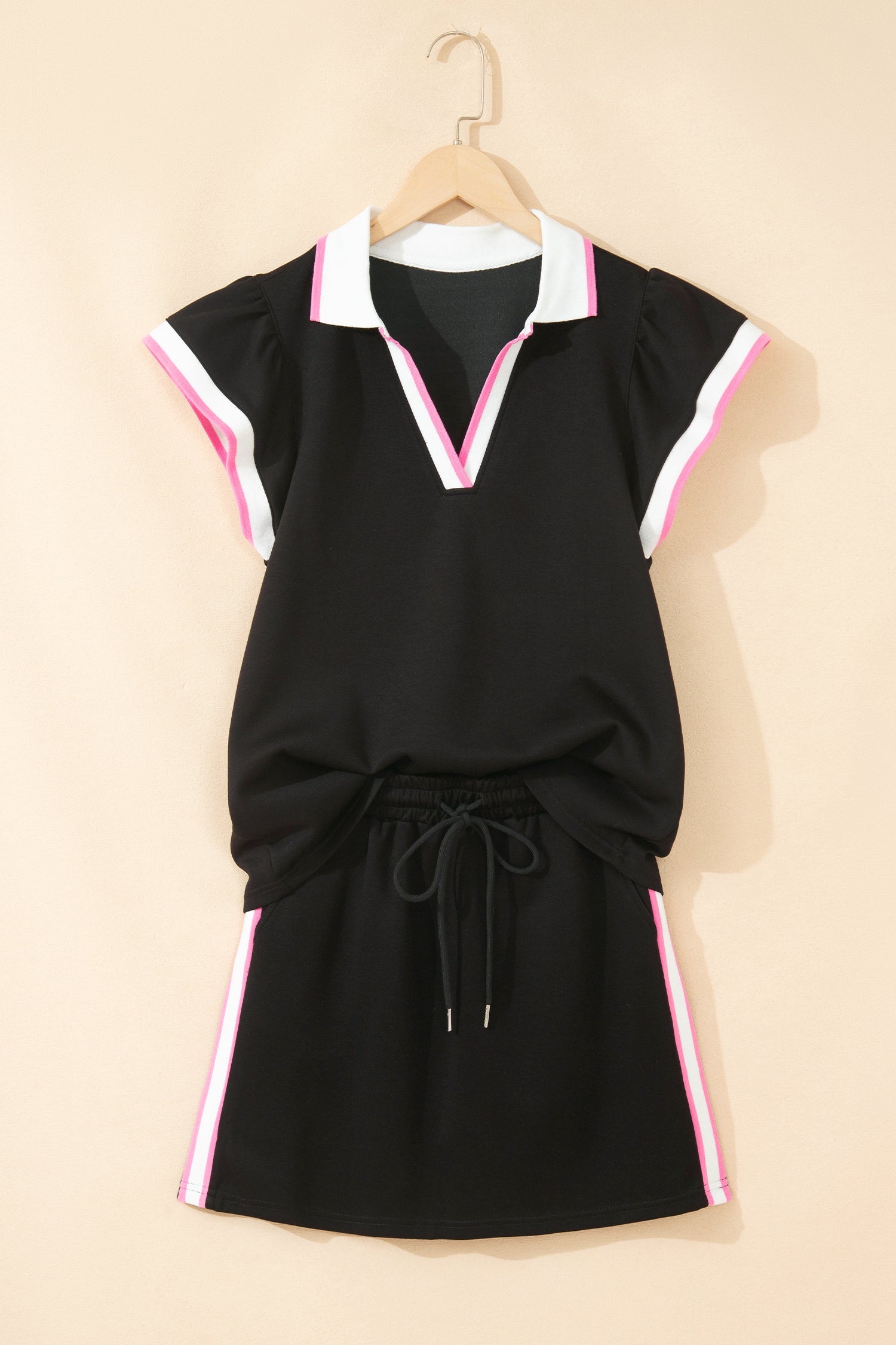 Stripe Trim Polo Tee & Drawstring Skirt Set