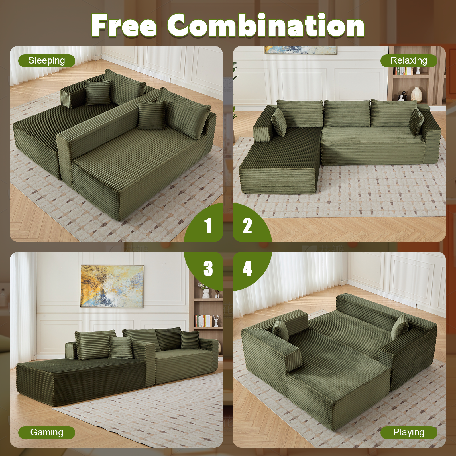 Compression Sectional Couch with Comfy Chaise, Boneless L Shape Sofa with Deep Seat, Minimalist Modular Couches Sleeper for Living Room Bedroom Apartment Lounge,corduroy,Green