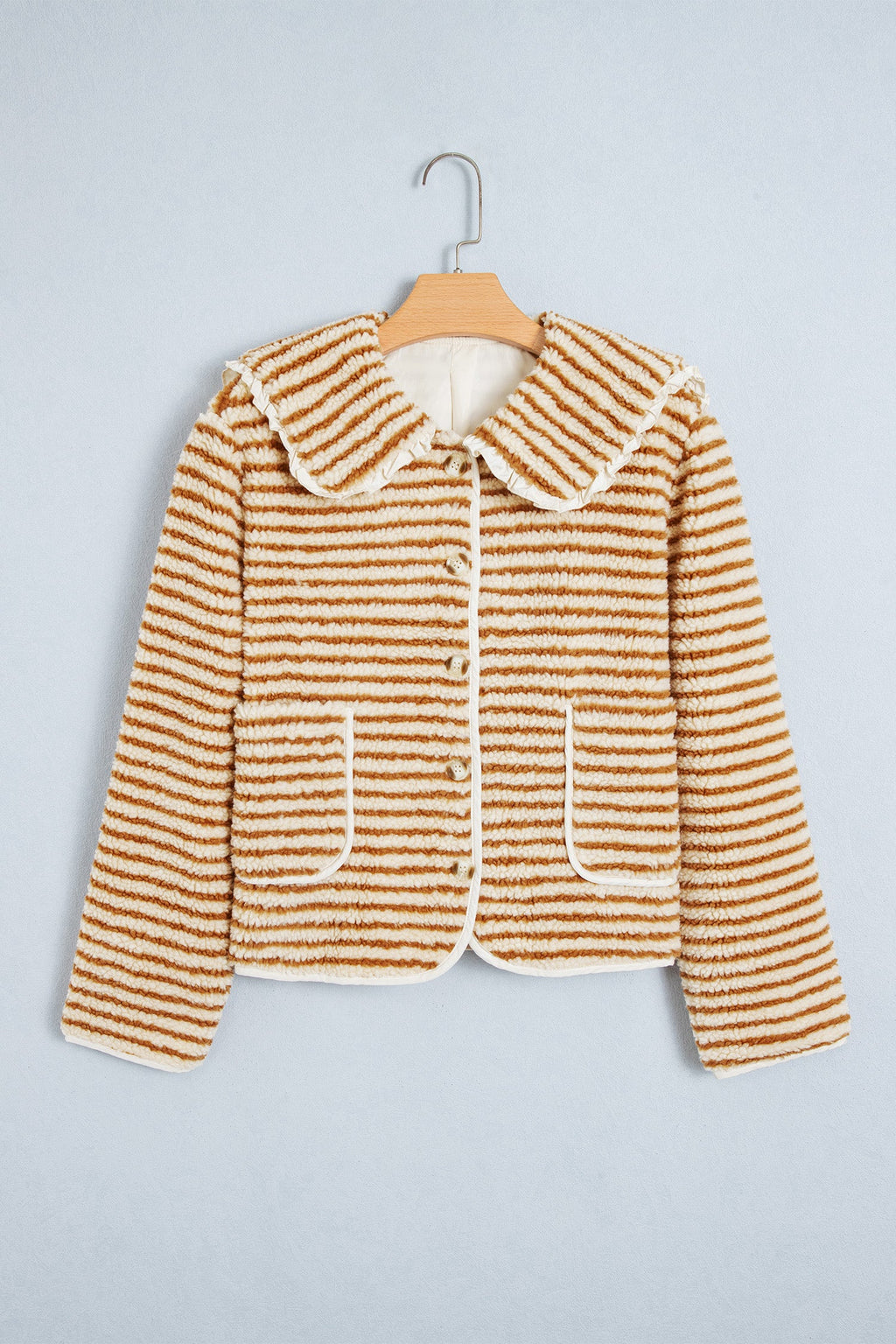 Stripe Fleece Ruffle Collar Button Front Jacket