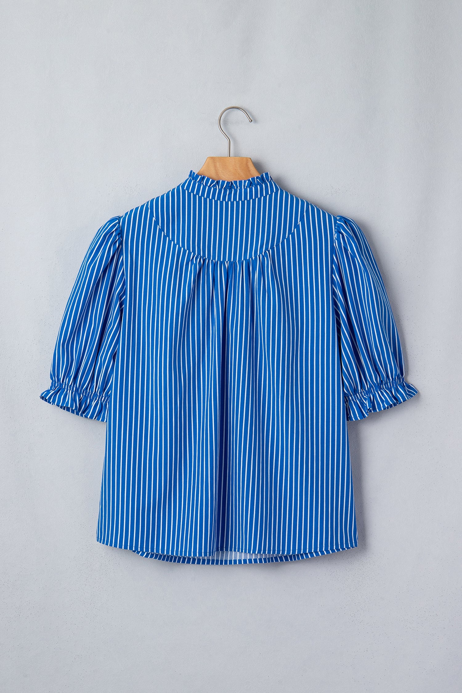 Stripe Ruffle Puff Sleeve Button Front Blouse