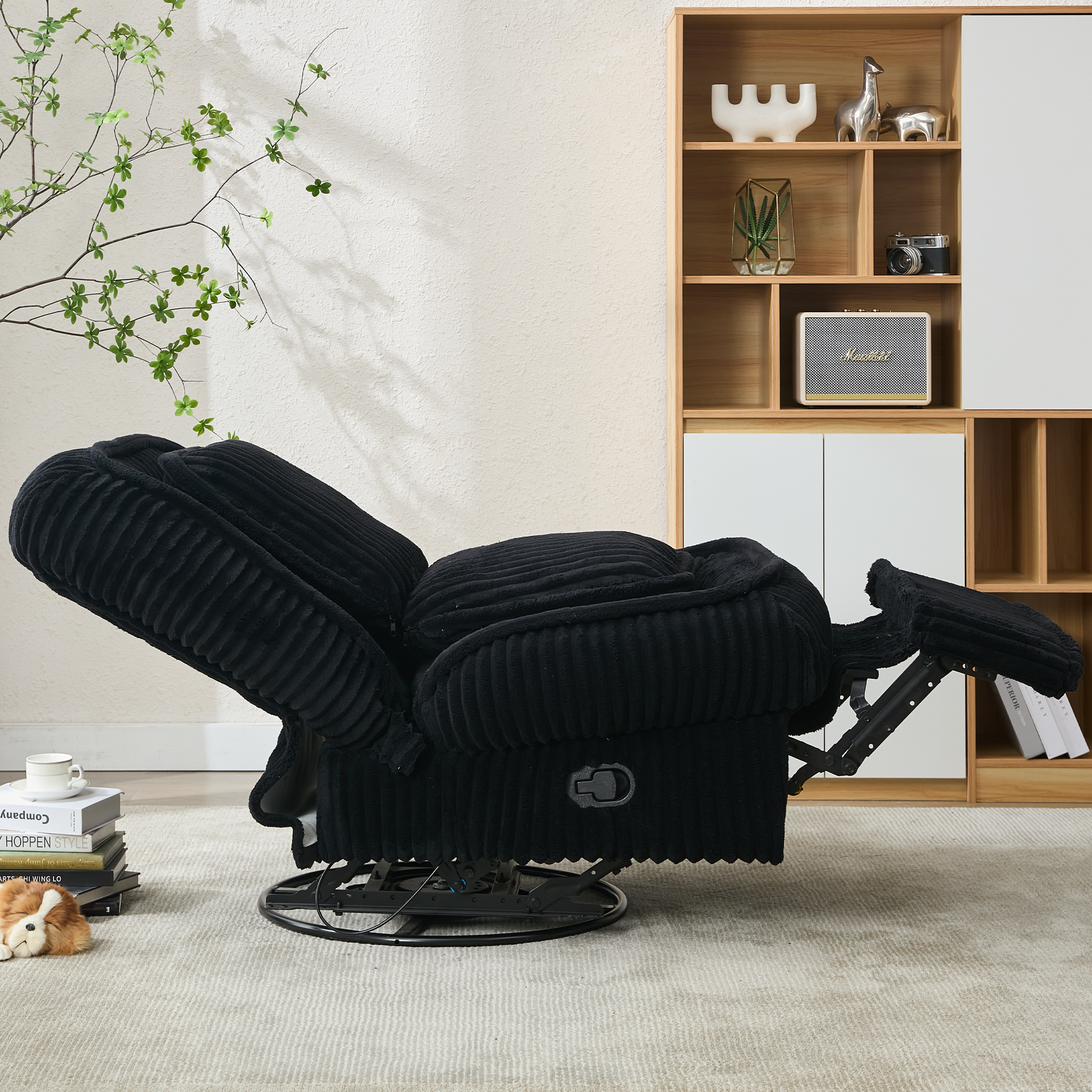 [NEW ARRIVED] 360° Swivel Rocking Single Sofa,Recliner Sofa, Manual Glider Rocking Armless Chair,Living Room Office, With Adjustable Backrest and Footrest and pillows, Small Spaces,Corduroy , Black