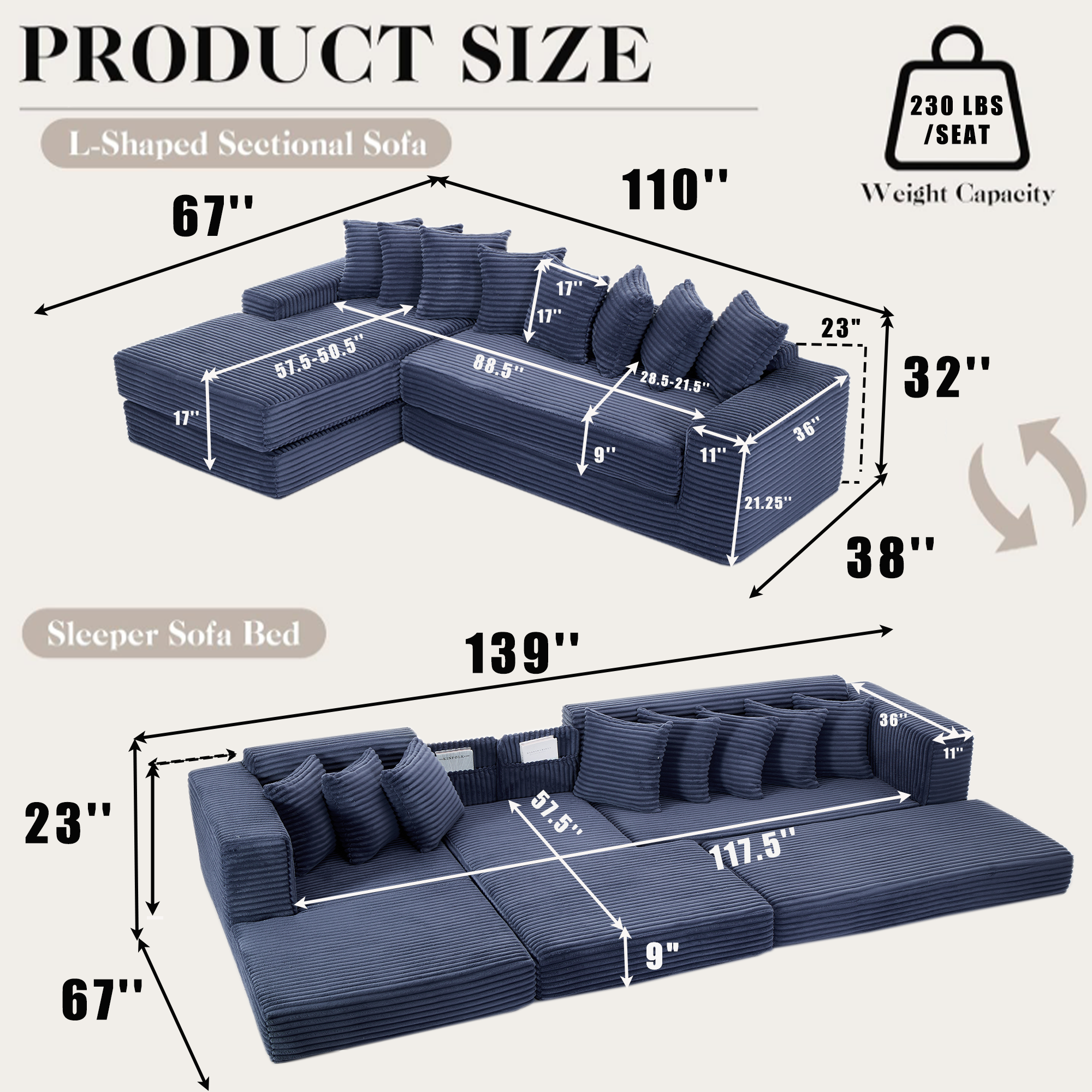 [NEW ARRIVED] [VIDEO PROVIDED]   Oversize Cloud Couch, L-Shape Sofa, Convertible Floor Sleeper Sofa Bed,  No Assembly ,Eight  pillows,3-in-1,Side Pocket,(Left Facing Sofa),3 Seat,Corduroy,Blue