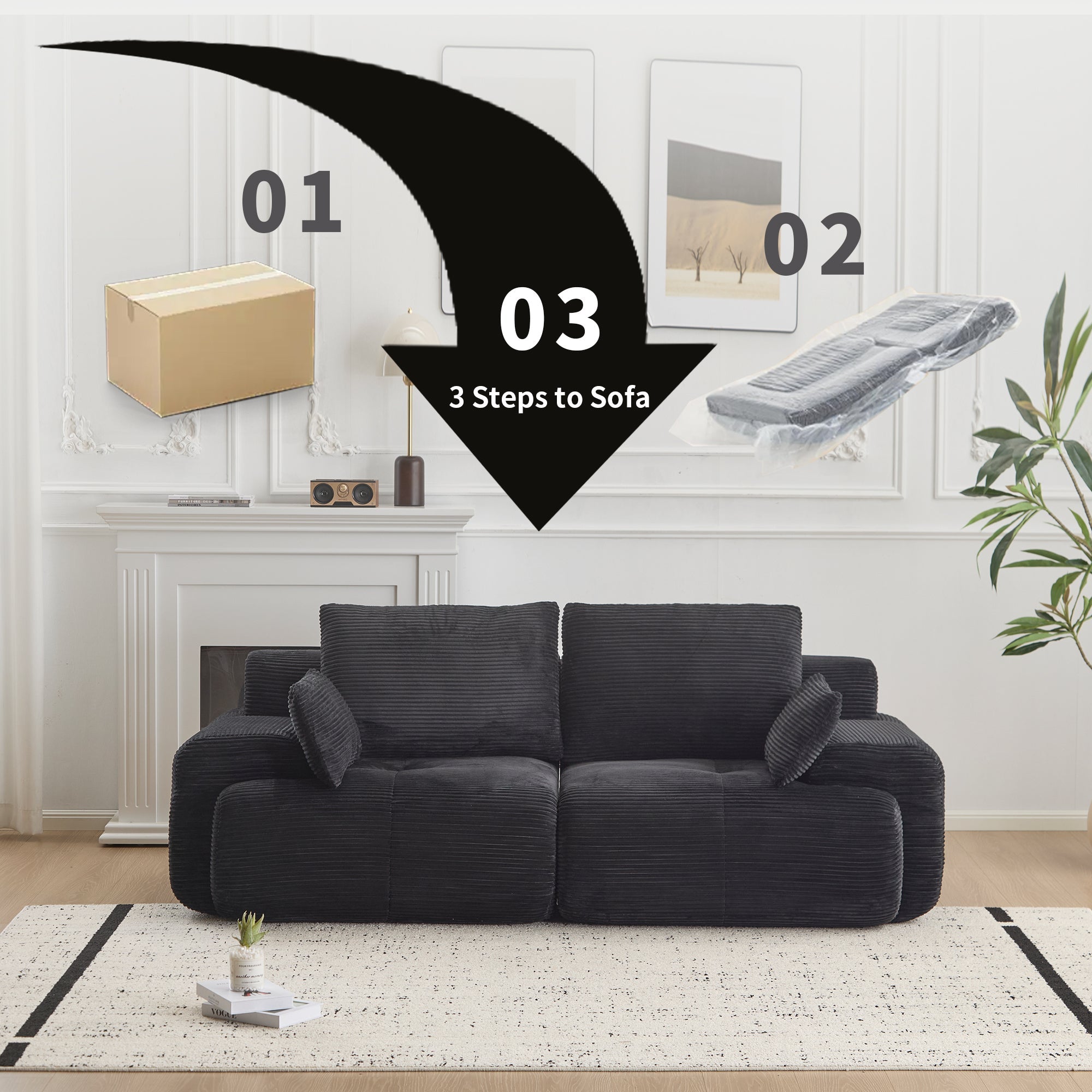 Modern Memory Foam Compressed Sofa,2 Seater Large Sectional Couches for Living Room,Pet-Friendly Cloud Modular Sectional Sofa,Corduroy Fabric,Extra Deep Loveseat,No Assembly required, Black