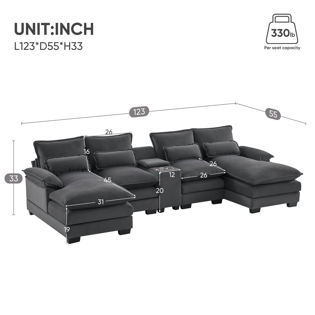 Modern U-shaped 6-Seat Sofa with Console, Cupholders, USB Ports, Velvet Upholstery in Gray