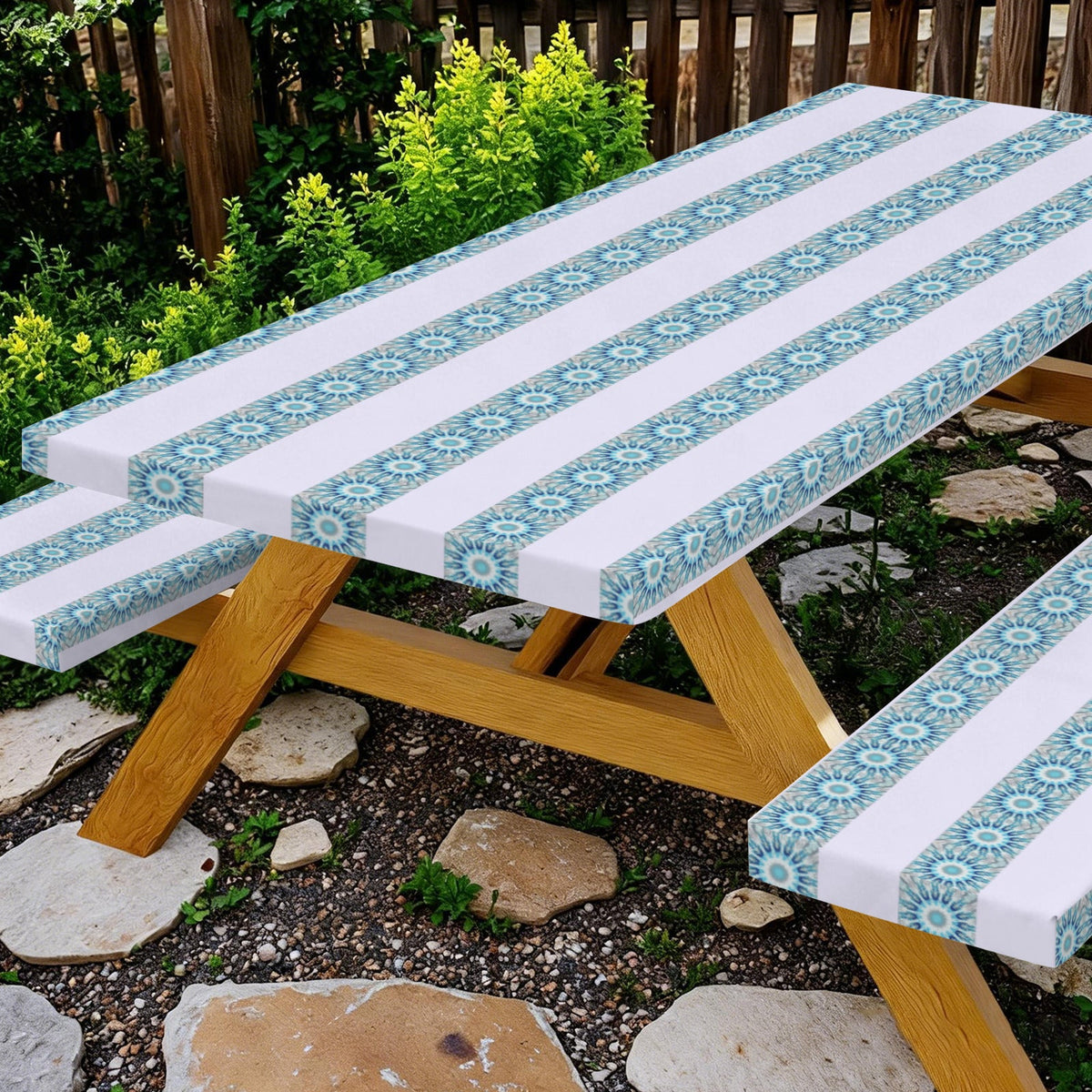 Green and White Stripes Picnic Table & Bench Covers Set 60"X30" | Ships from USA