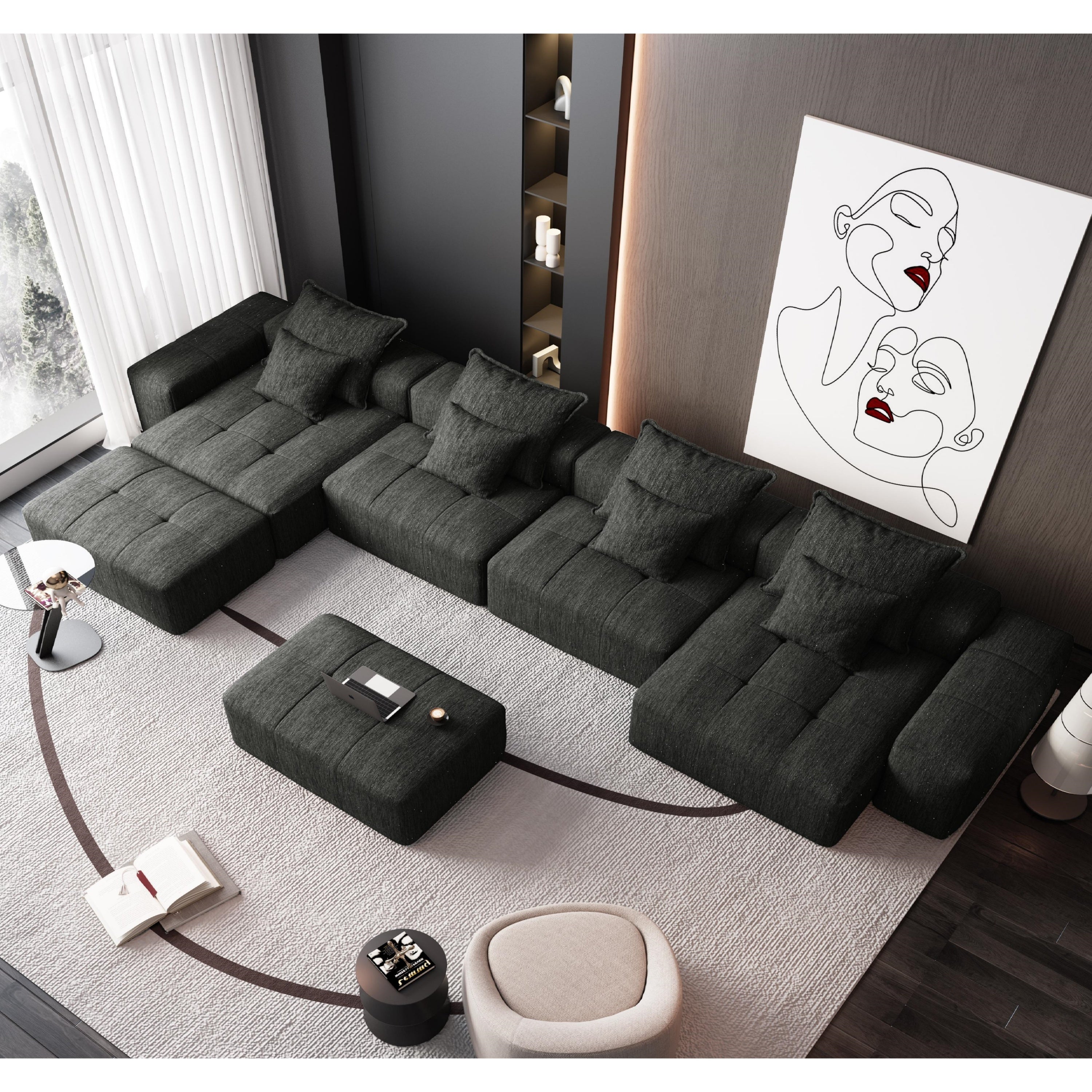 Modern Oversized Modular Sectional Sofa, Sparkling Chenille Fabric Soft Cushion Sofa with 8 Pillows, 8 PCS DIY Combination Tufted Sofa, No Assembly Required, BLACK