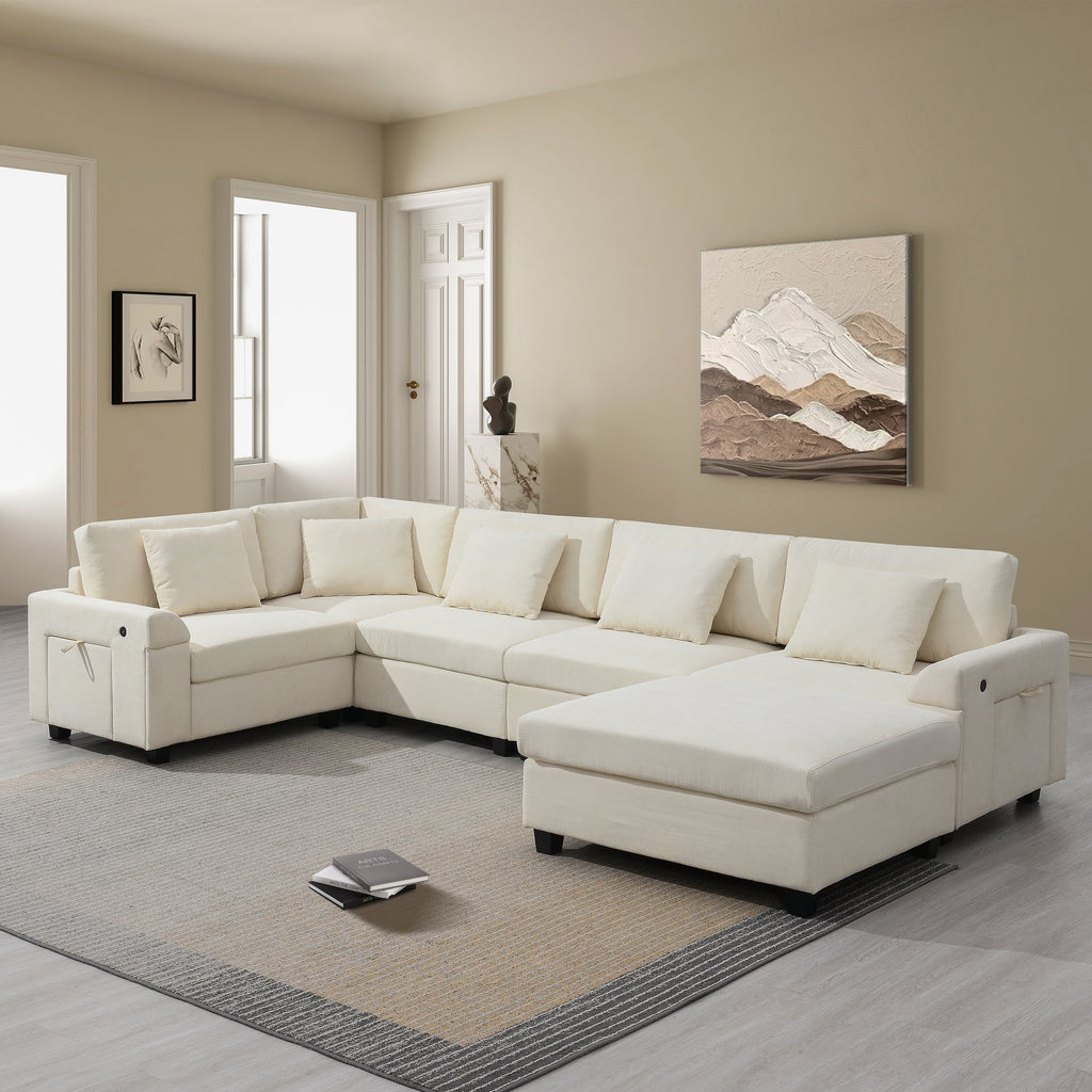 Chenille U Shaped Sectional Sofa with Ottoman, Storage, Cup Holders, and USB Ports, Off White, 128*67'