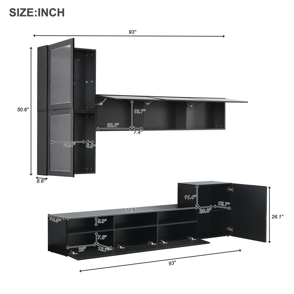 ON-TREND High Gloss TV Stand with Ample Storage Space, Media Console for TVs Up to 78', Versatile Entertainment Center with Wall Mounted Floating Storage Cabinets for Living Room, Black