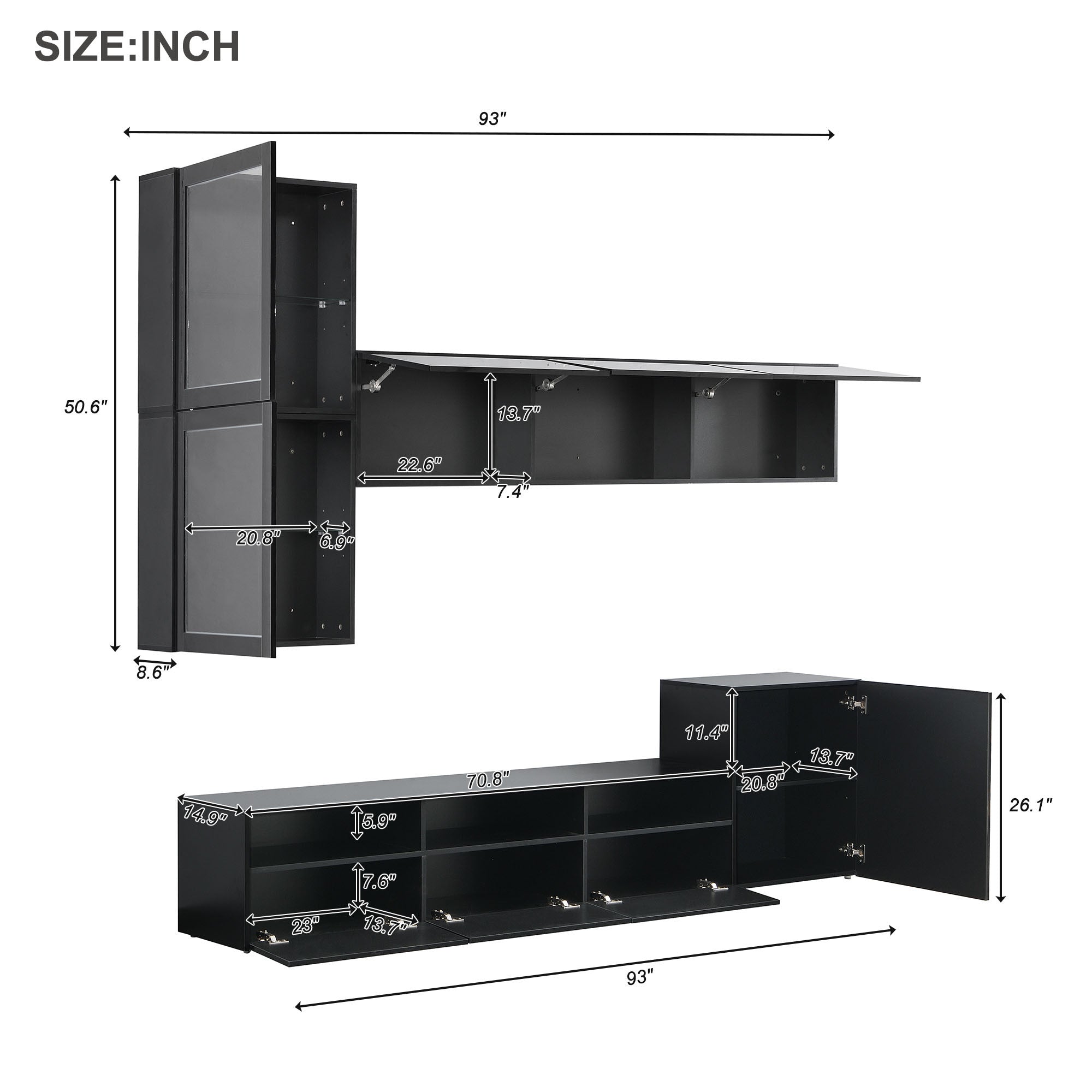 ON-TREND High Gloss TV Stand with Ample Storage Space, Media Console for TVs Up to 78', Versatile Entertainment Center with Wall Mounted Floating Storage Cabinets for Living Room, Black