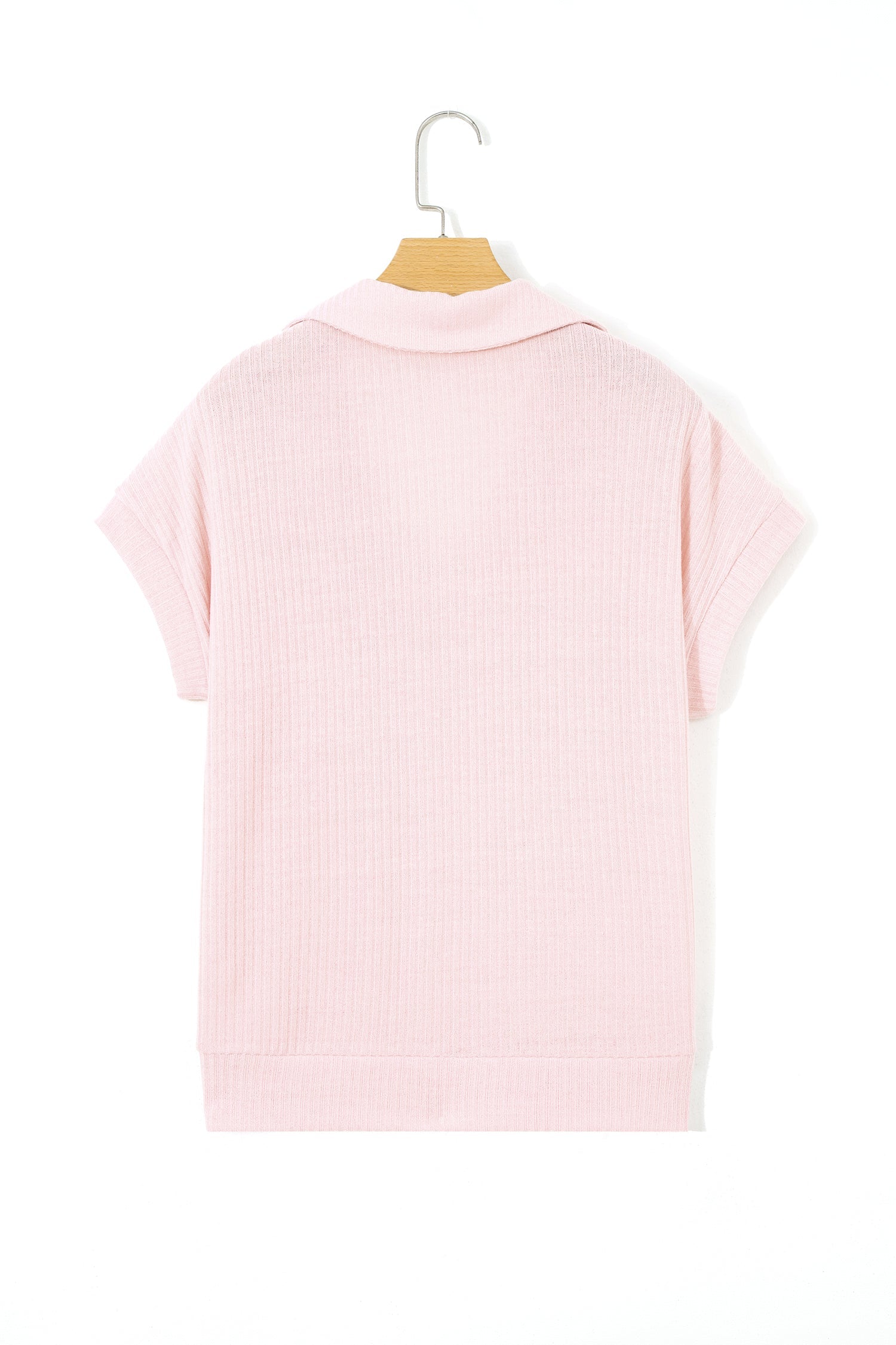 Solid Ribbed Knit Collared V-Neck Tee