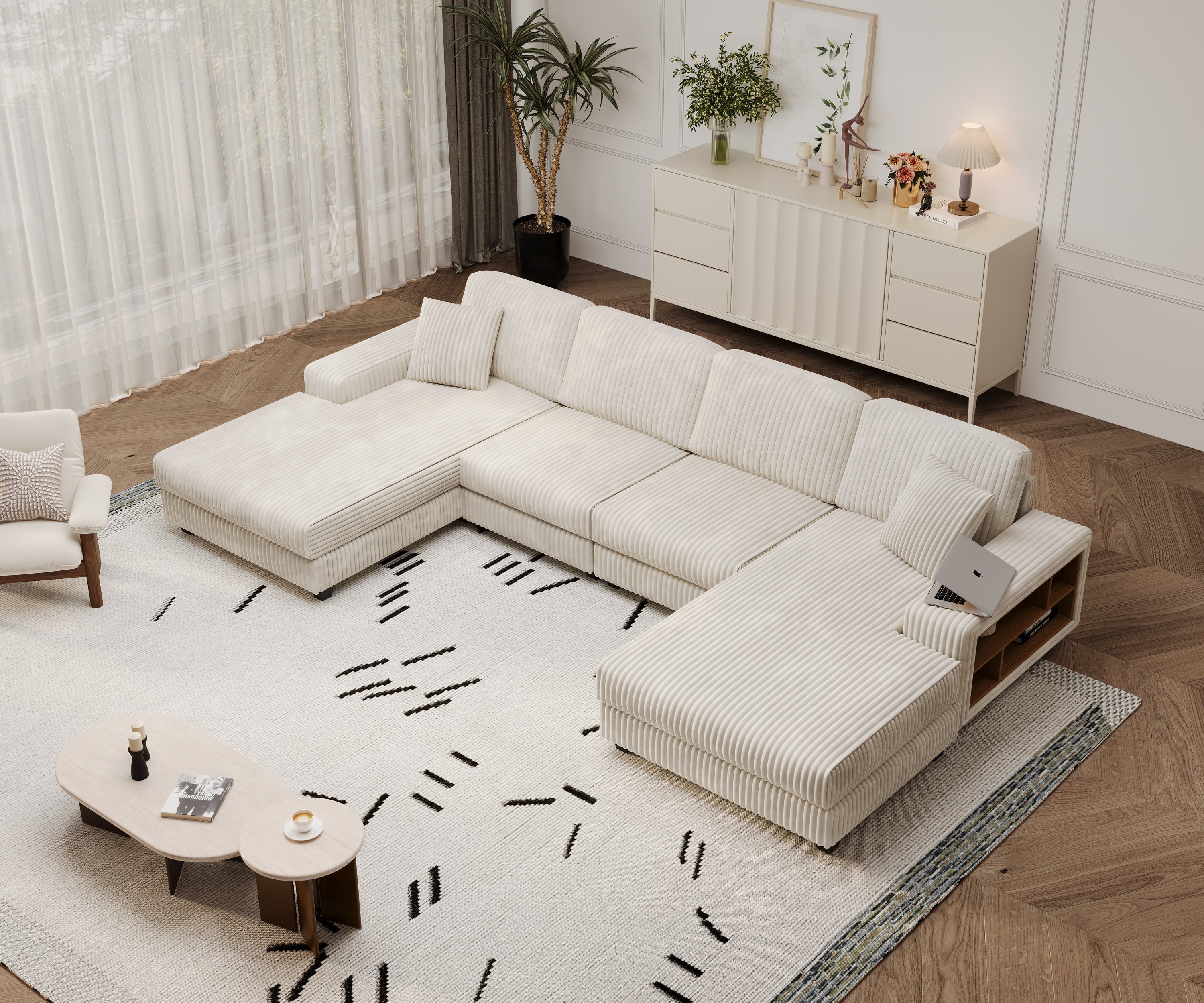 Convertible U-shaped Combination Sofa, Corduroy Fabric, Modern Comfortable Large Size 4 Seat Sofa, Living Room Double Lounge Chair,Beige